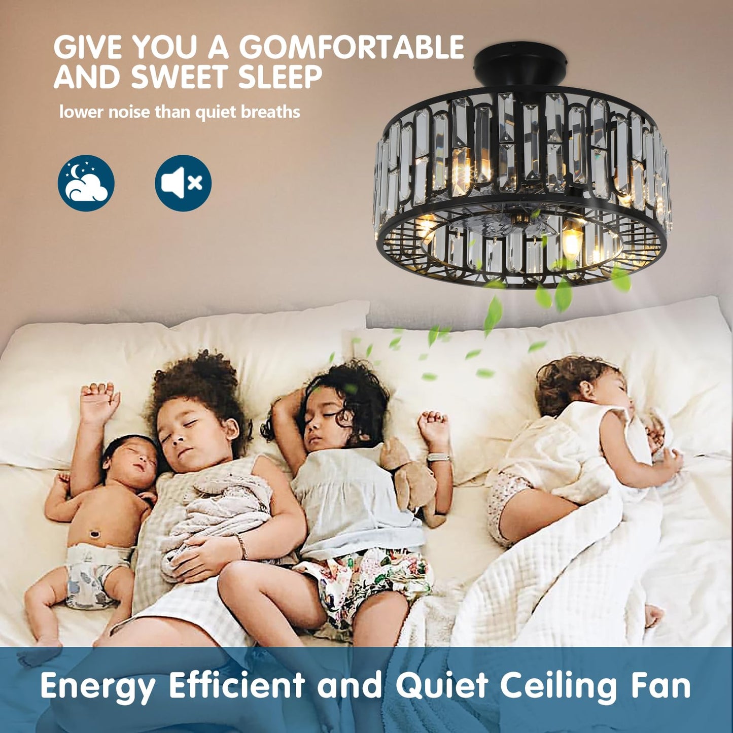 BaoBrot 18" Crystal Caged Ceiling Fan with Lights Remote Control, 3-Speed Industrial Bladeless Fandelier, Flush Mount Black Metal Fandelier Fan Light