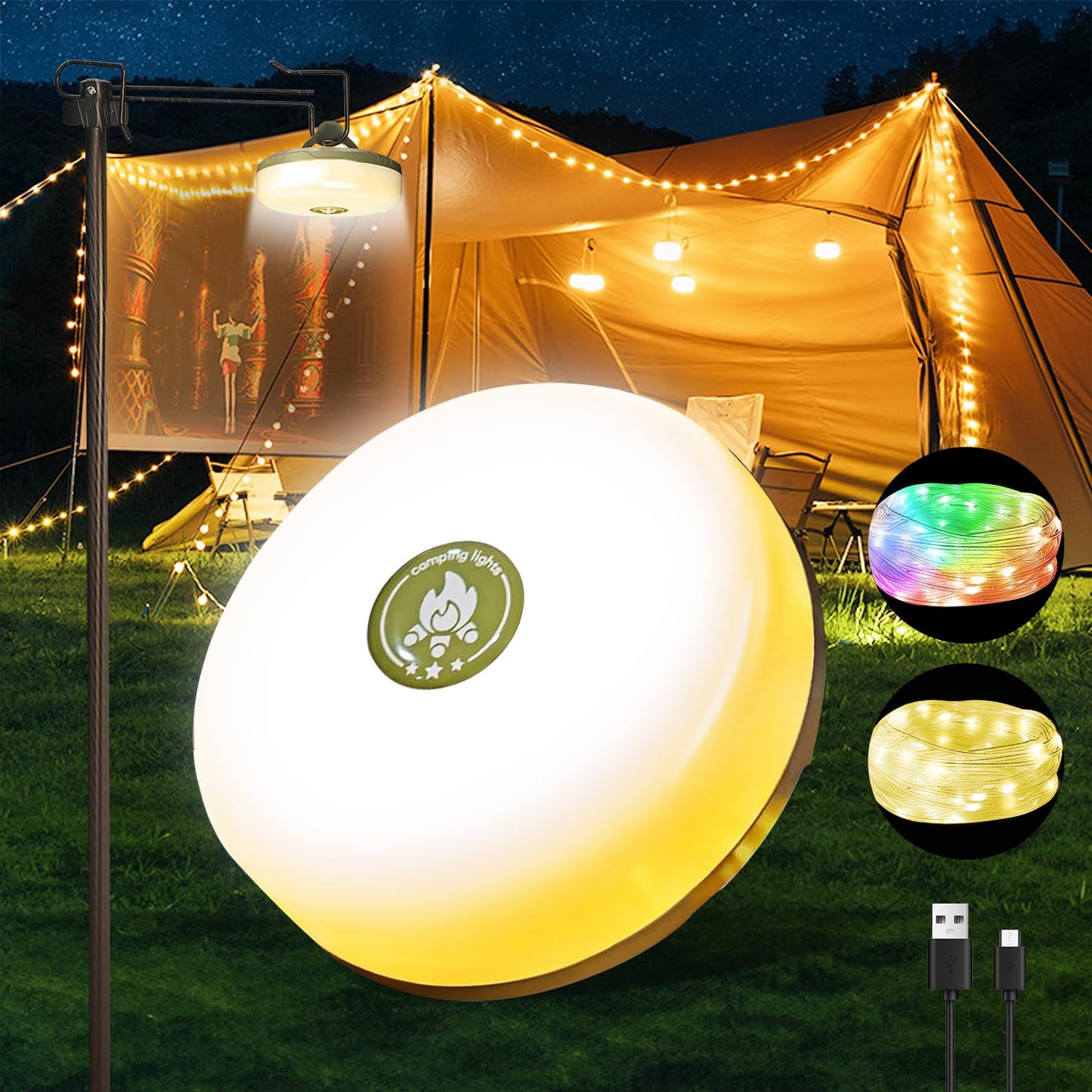 Camping String Lights,Camping Essentials Gear 32.8FT Lamp Lights Waterproof, 4 in 1 Outdoor String Lights with 8 Modes for Awn Tent Yard Garden Hiking