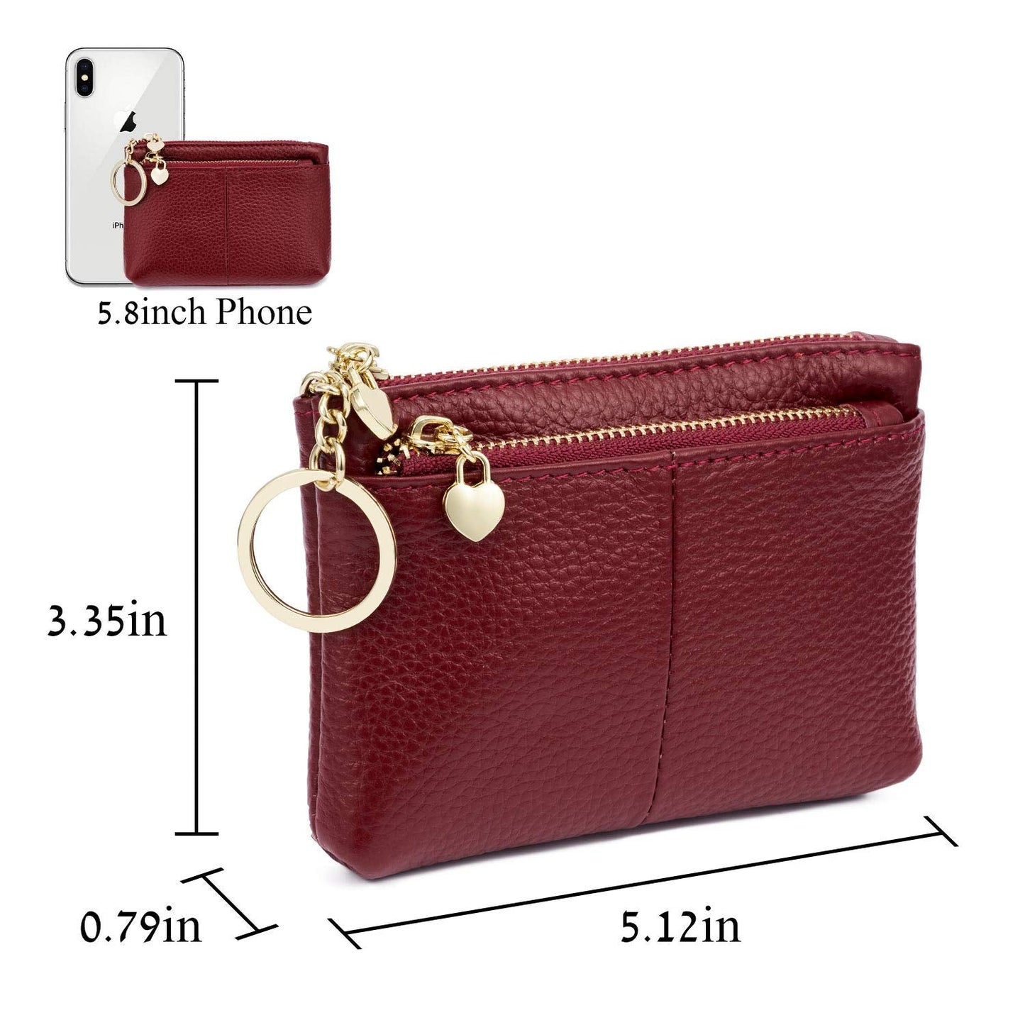 ZOOEASS Coin Purse Women Genuine Leather Zip Mini Purse With Key Ring Triple Zipper Card Holder Wallet(Wine Red)