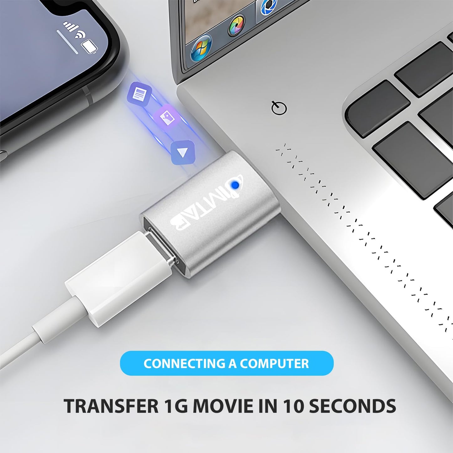 JIMTAB USB to USB C Converters (Aluminum Alloy 4 Pack), USB C to USB Chargers Adapter USB 3.0 with Blue Light Super High-Speed Data Transfer & FastâŠ