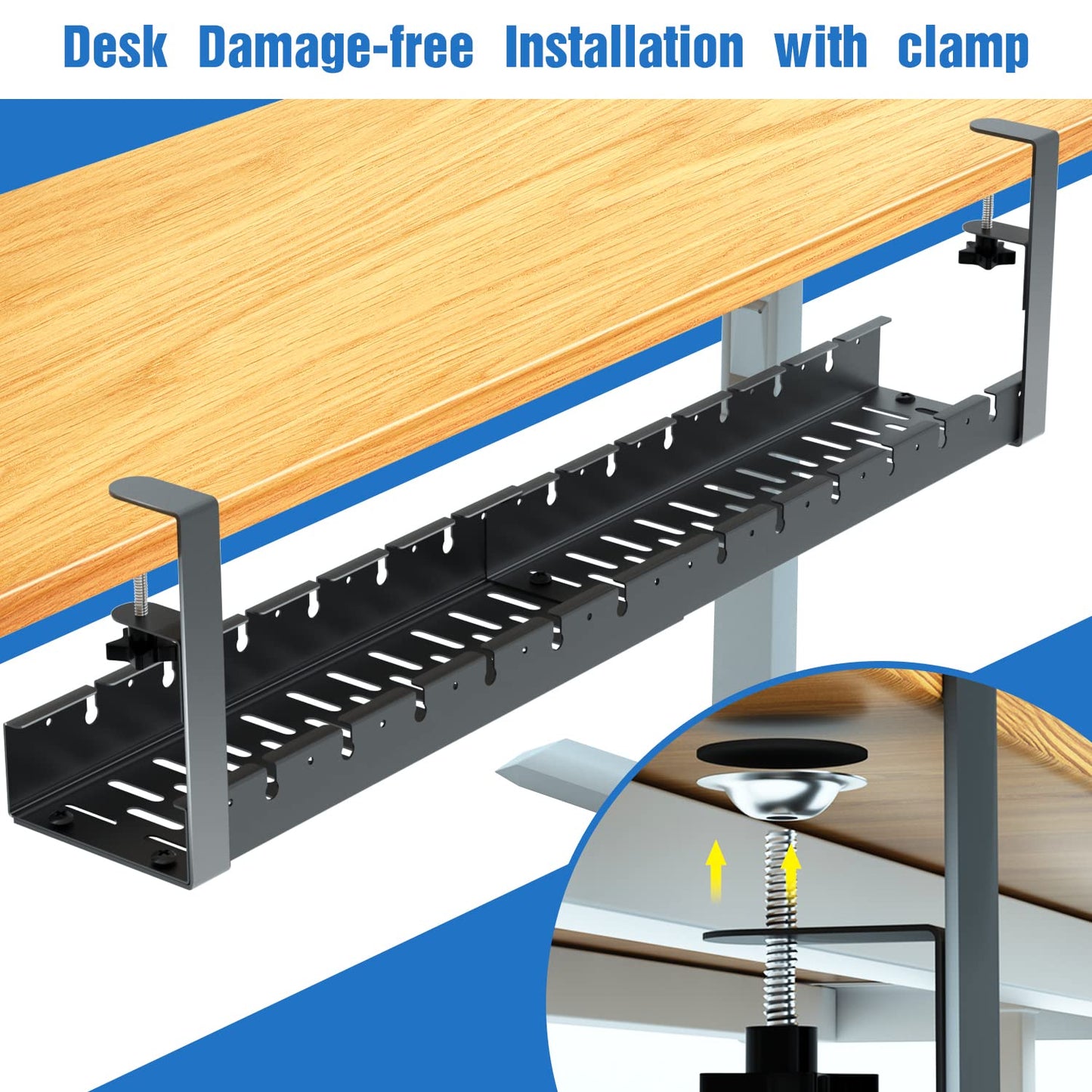 No Drilling Extendable Under Desk Cable Management, Metal Cable Management Tray Under Desk with Clamp, Retractable Power Strip Cord Holder for Wire