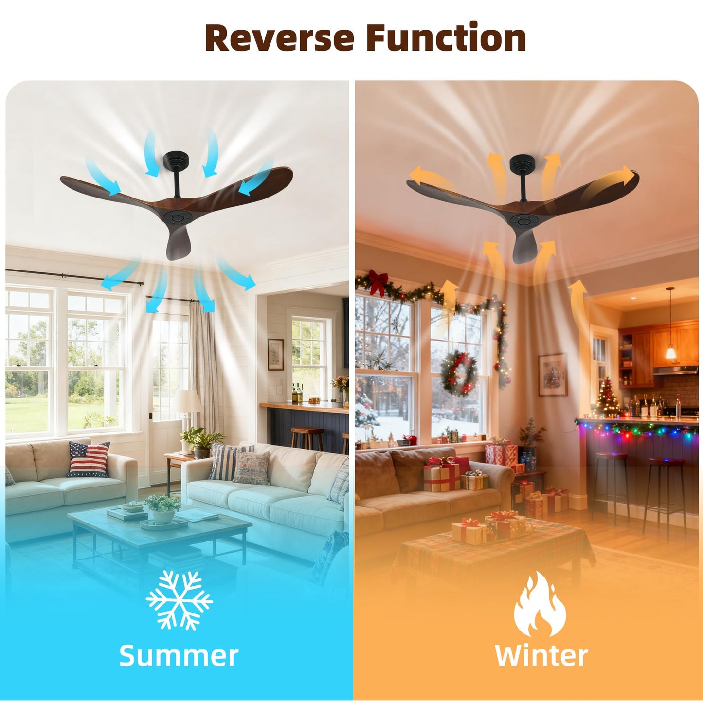 Homlit Smart Ceiling Fan no Light, 52 Inch Outdoor Ceiling Fan Without Light, Compatible with Alexa/Google/App, 3 Solid Wood Blades, Modern Wood Fan
