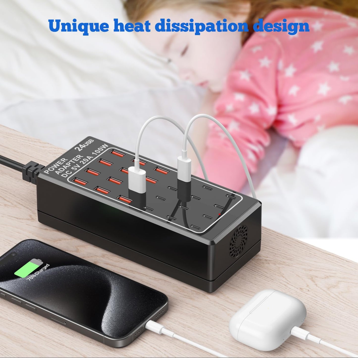 USB Charging Station Block, USB C Charger Station 24-Port 100W(20A), USB A Charger Block, Fast Charger Desktop Station, Multi-Function Smart Charger