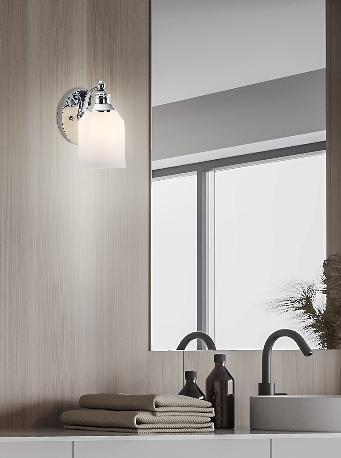 JONATHAN Y 7.5" Chrome Modern Farmhouse LED Vanity Light Wall Sconce Fixture, Frosted White Glass Shade, Dimmable Wall Lamp for Bathroom Mirror