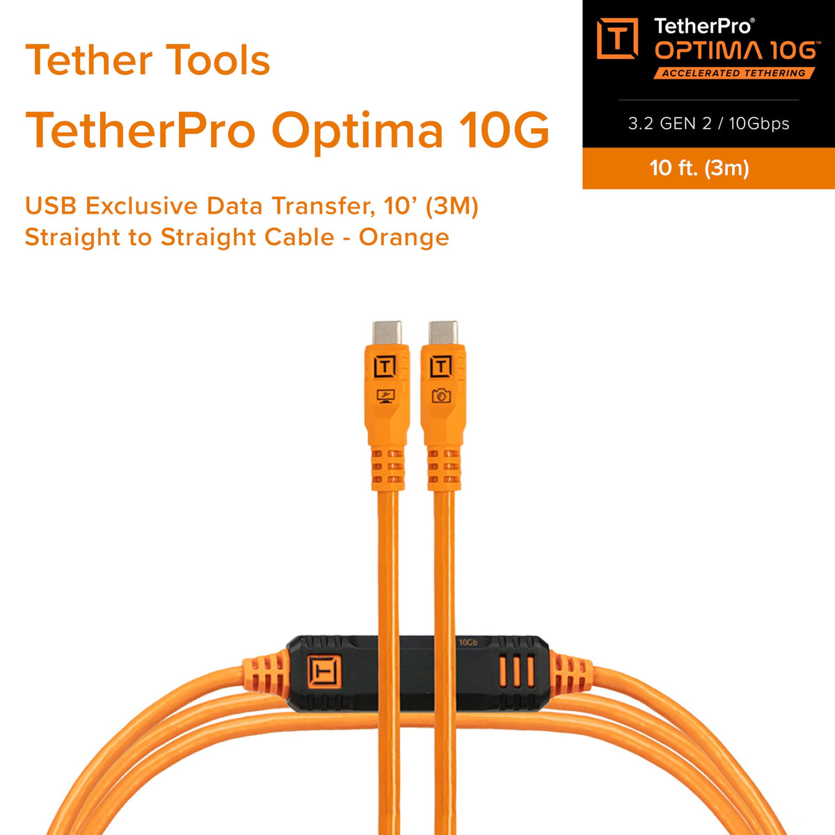 Tether Tools TetherPro Optima 10G USB-C Exclusive Data Transfer, 10’ (3m) Straight to Straight Cable - Orange