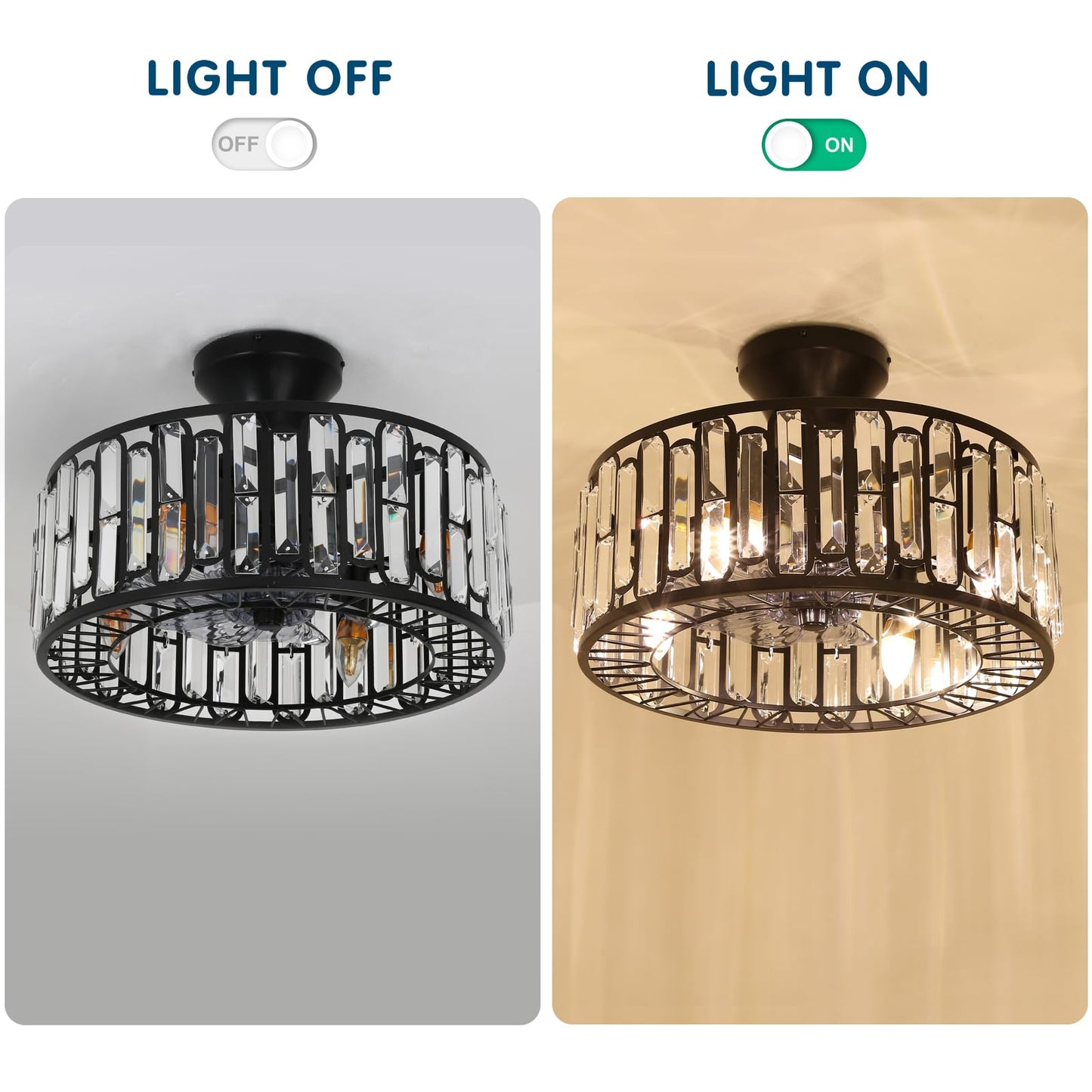 BaoBrot 18" Crystal Caged Ceiling Fan with Lights Remote Control, 3-Speed Industrial Bladeless Fandelier, Flush Mount Black Metal Fandelier Fan Light