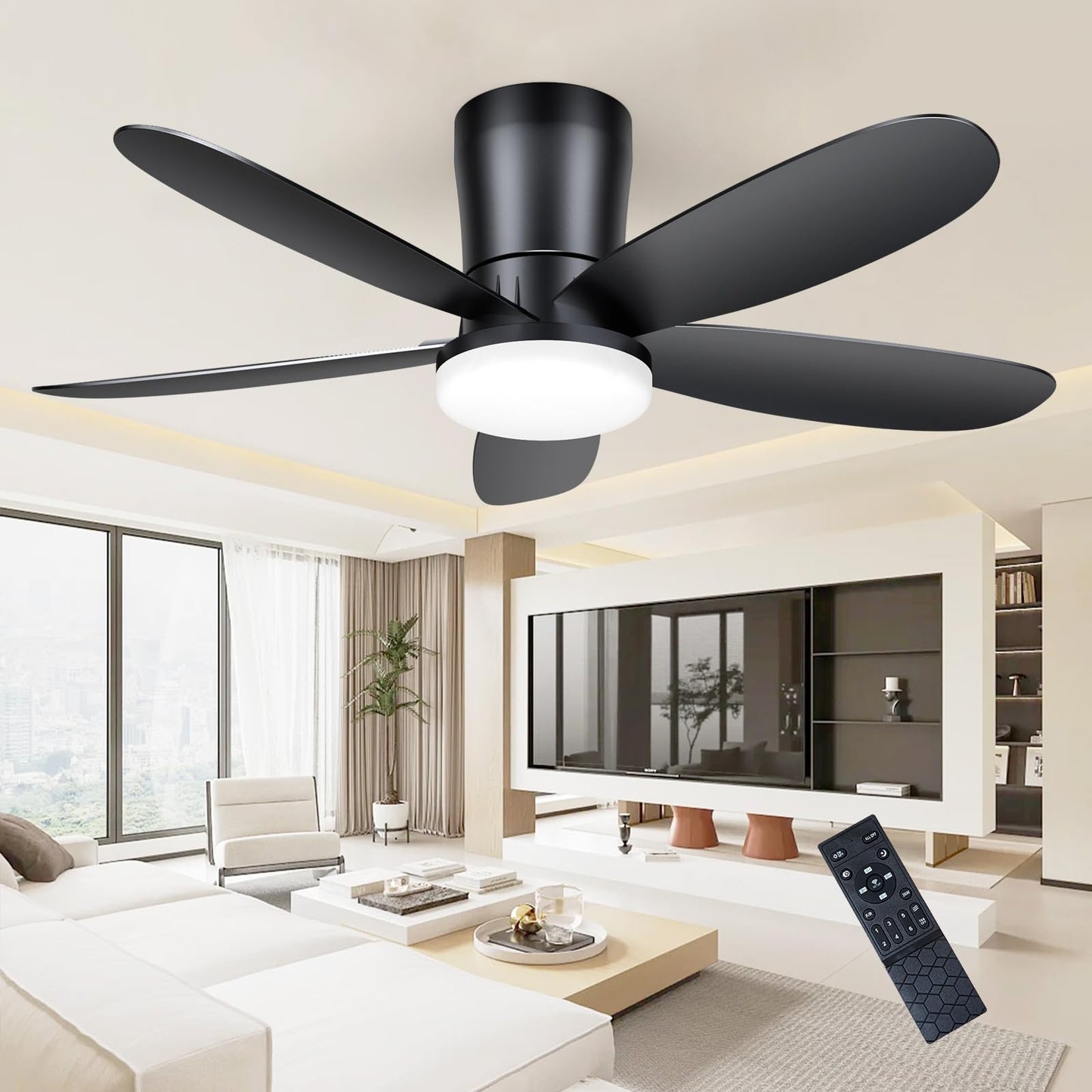 DABOUHORS Ceiling Fans with Lights, Low Profile 42-Inch Modern Small Ceiling Fan for Bedroom Indoor Outdoor - Dimmable Fans with Timer Remote Control