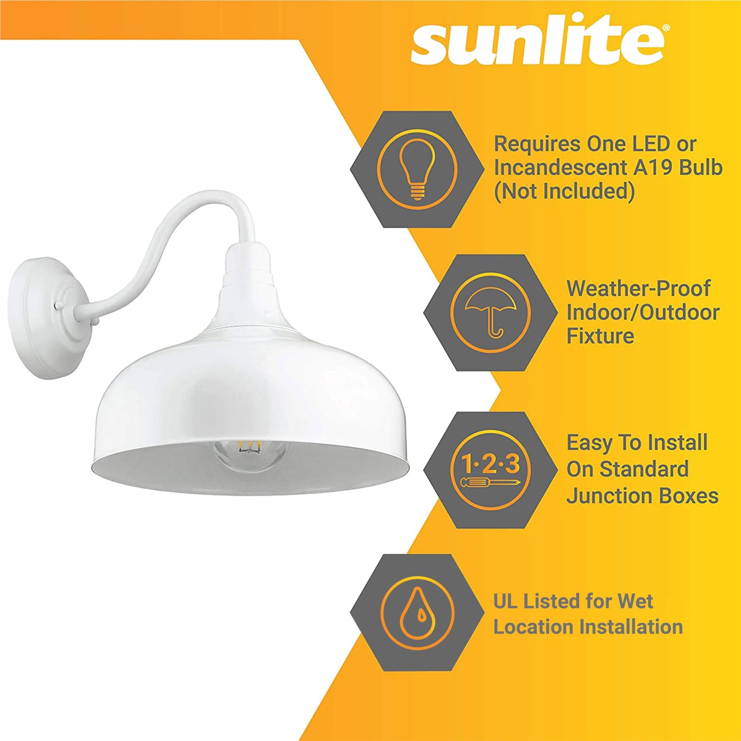 Sunlite 46068-SU Gooseneck Rustic Barn Light Fixture, Wall Mount, Medium Base (E26) Socket, Standard A19 Bulb Required (60W Max), 12 Inch, Indoor