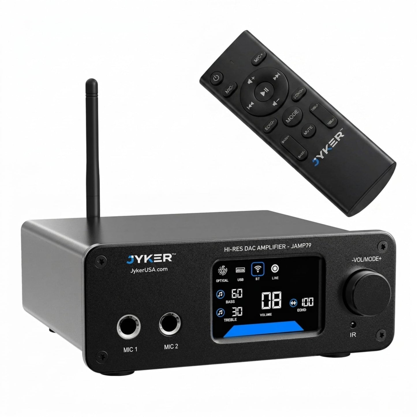 Jyker Hi-Fi DAC Stereo Amplifier w/Bluetooth 5.2-2 Channel Class D TPA3116 x2 ES9023 Audio Amp for Passive Speakers, AUX/SUB Outputs, Opt/USB/MIC/RCA