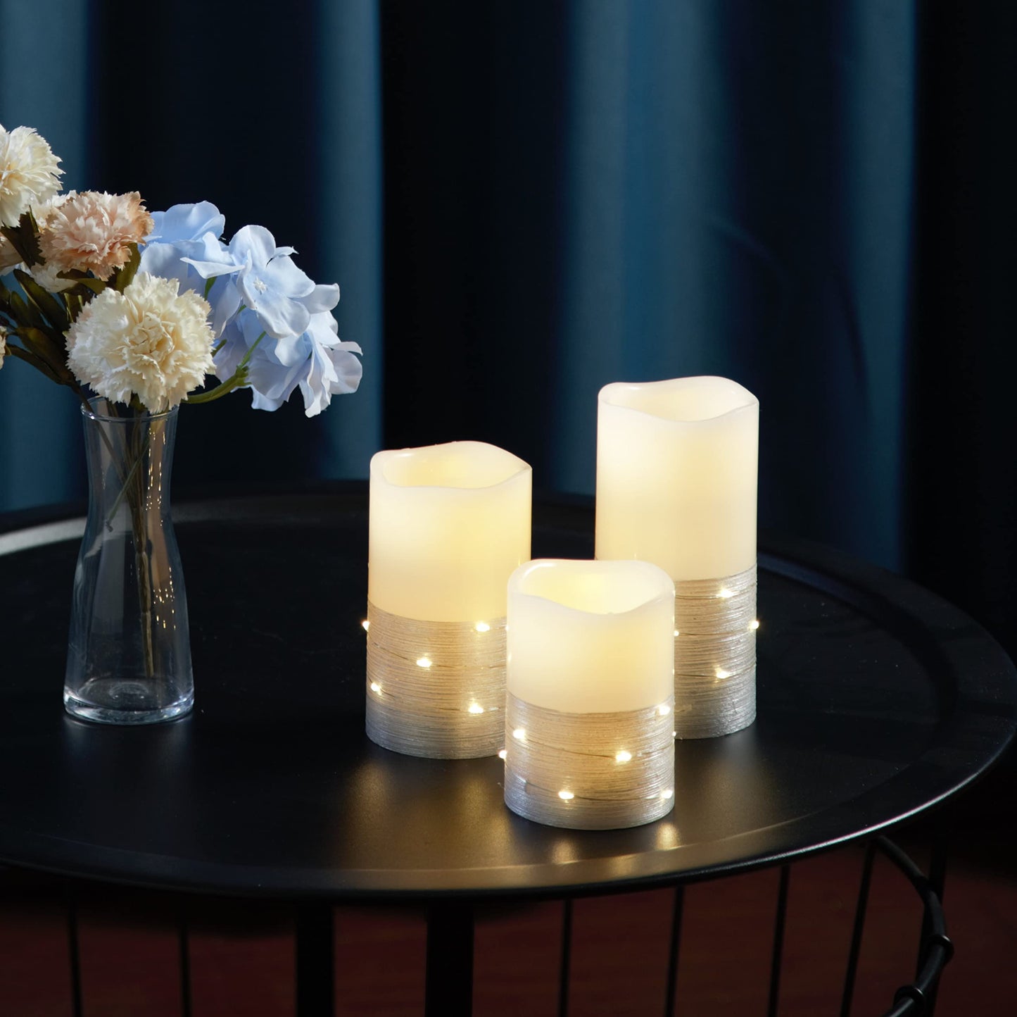 H-BLOSSOM Flickering Flameless Candles Ivory Real Wax Pillar with Embedded String Lights LED Candles Battery Operated with 10 Key Remote and Cycling