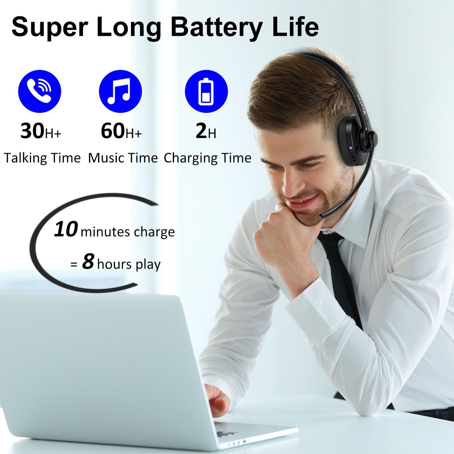 Weatwo Bluetooth Headset with Noise Cancelling Microphone & Mic Mute, 30H+ Talking Time Wireless Headset V5.1 Bluetooth Headphone for Work/Ms…