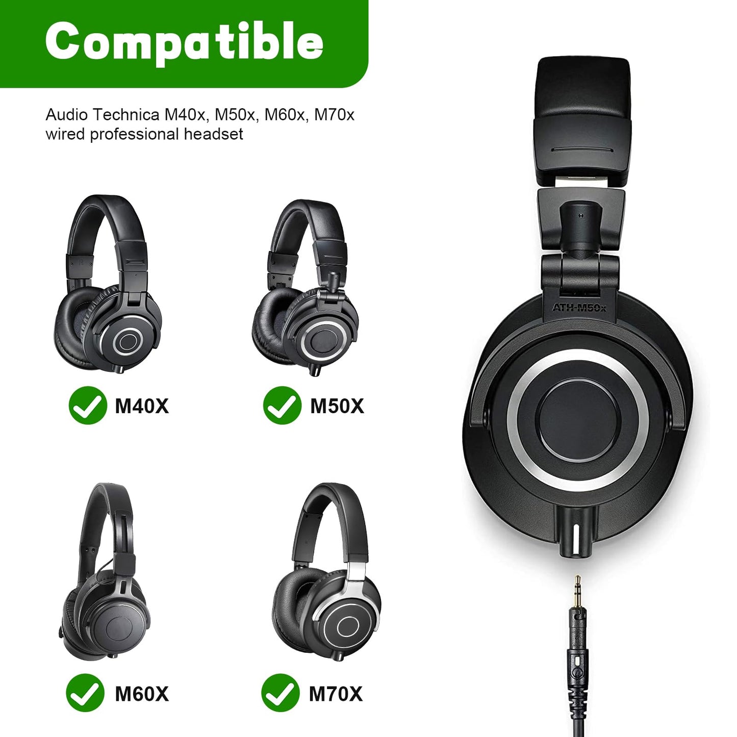 Hizsoaor ATH-M50x Replacement Cable, Audio Cable Compatible with Audio Technica ATH-M50x、ATH-M40x、ATH-M70x、ATH-M60x Coiled AUX Headphone Extension…