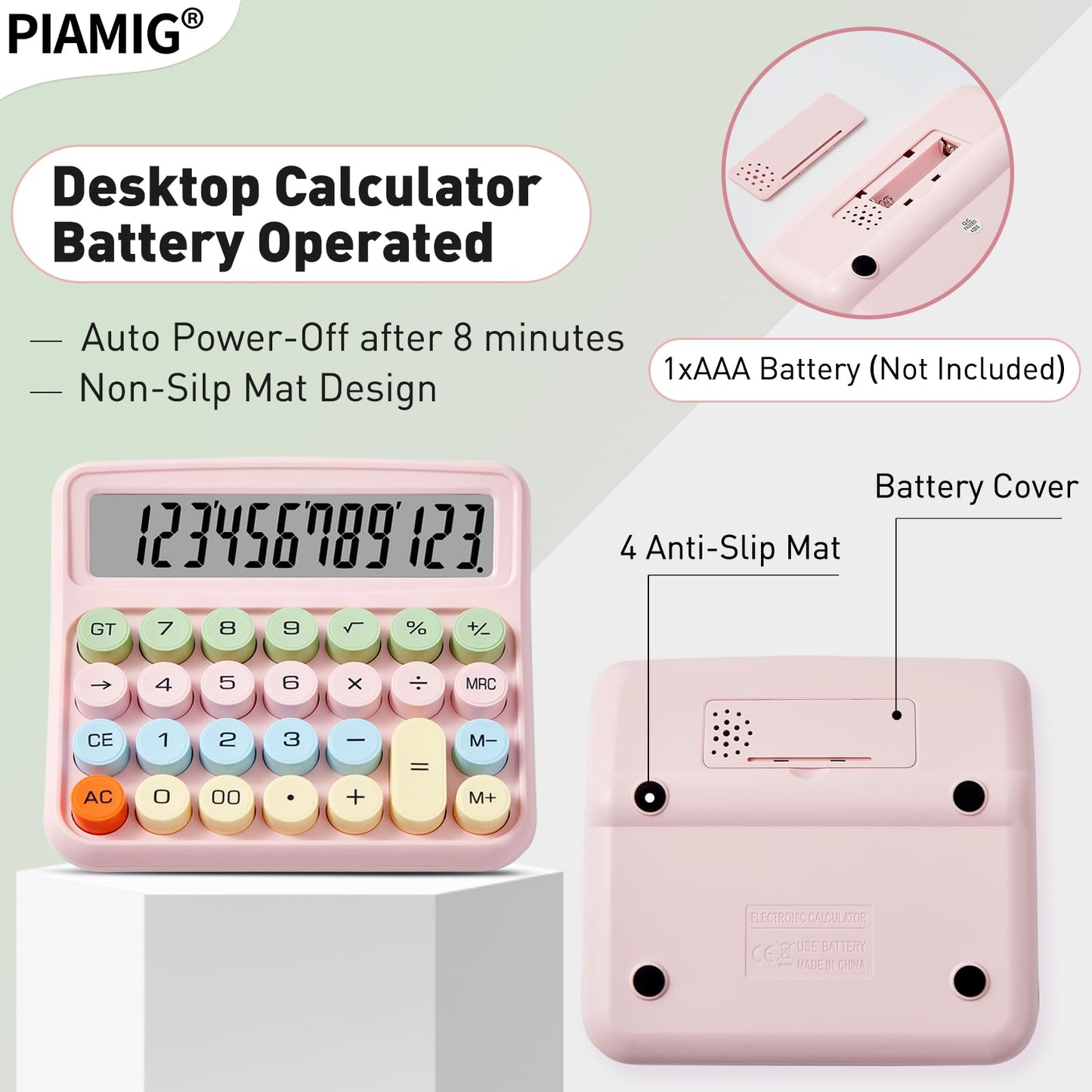 PIAMIG Desktop Calculator with Large LCD Display, 12 Digits Big Button Easy to Use Auto Power Off Basic Calculator for Home, Office & School (Pink)