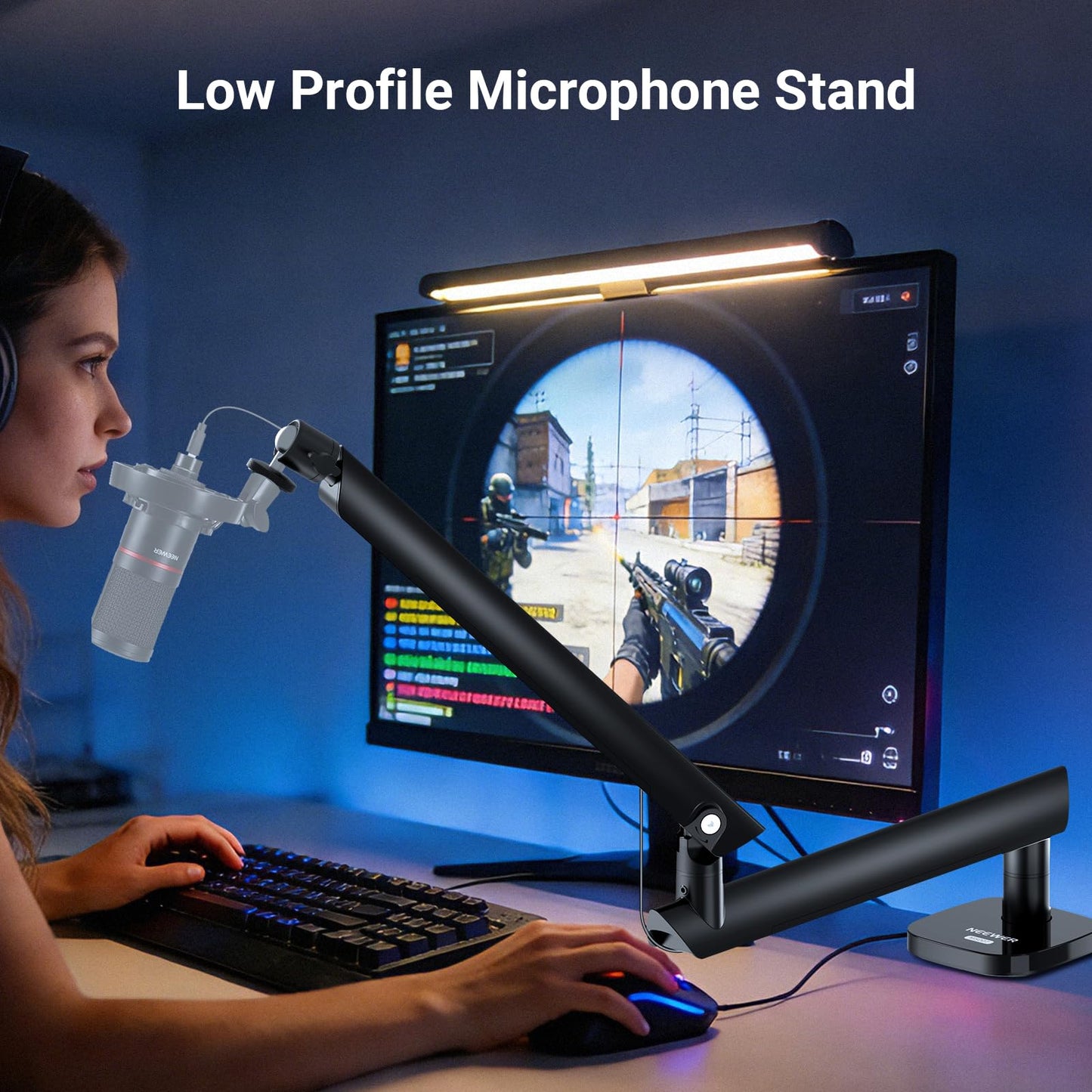 NEEWER Low Profile Mic Boom Arm Desk Mount, Microphone Boom Arm with 360° Ball Head & Cable Management Channels, 1/4" 3/8" 5/8" Threads for Podcast