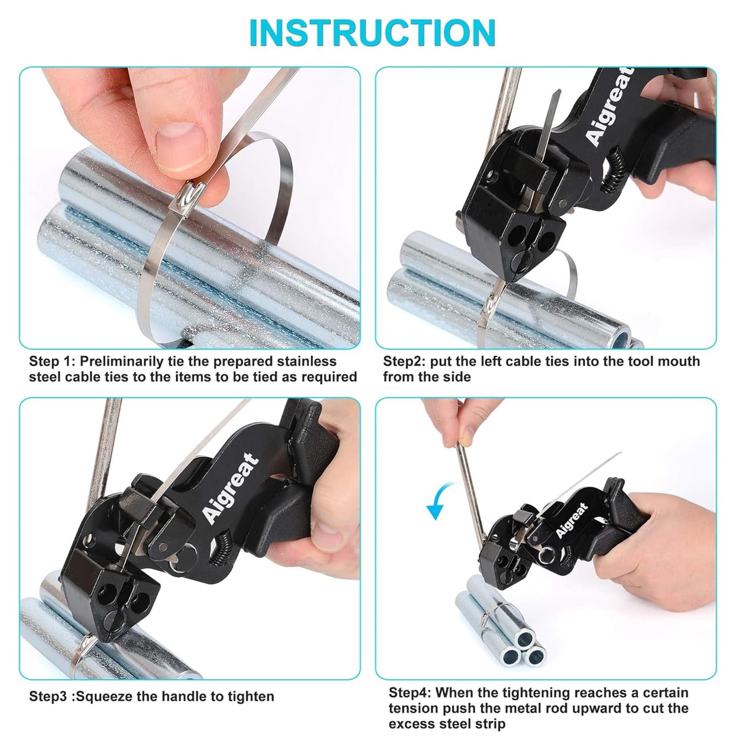 200PCS Metal tie wrap gun Kit, Aigreat Stainless Steel Cable Tie Gun Adjustable Tensioning and Cutting Tool with 200pcs 304 Self-Locking Stainless