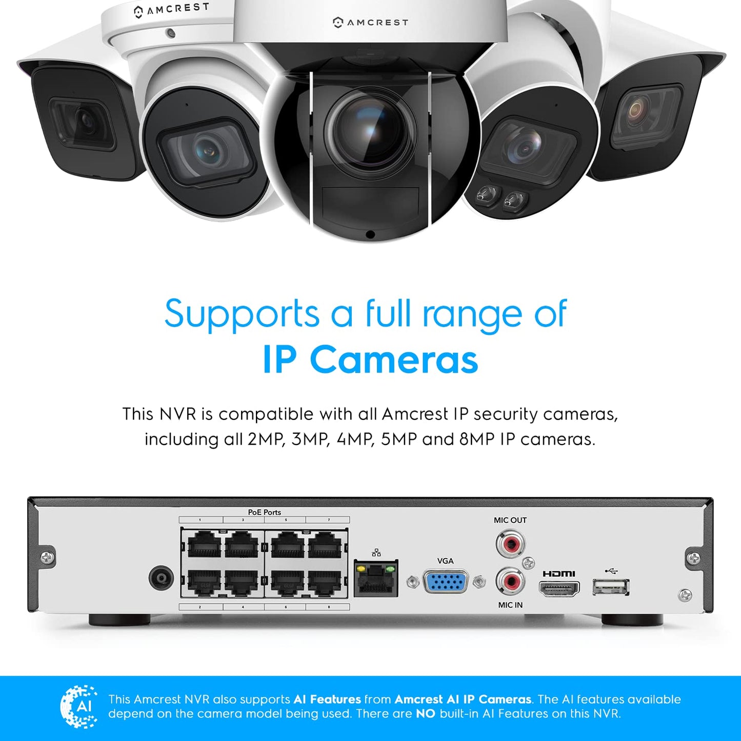 Amcrest NV4108E-A2 4K 8CH POE NVR (1080p/3MP/4MP/5MP/8MP) POE Network Video Recorder - Supports up to 8 x 8MP/4K IP Cameras, 8-Channel Power Over