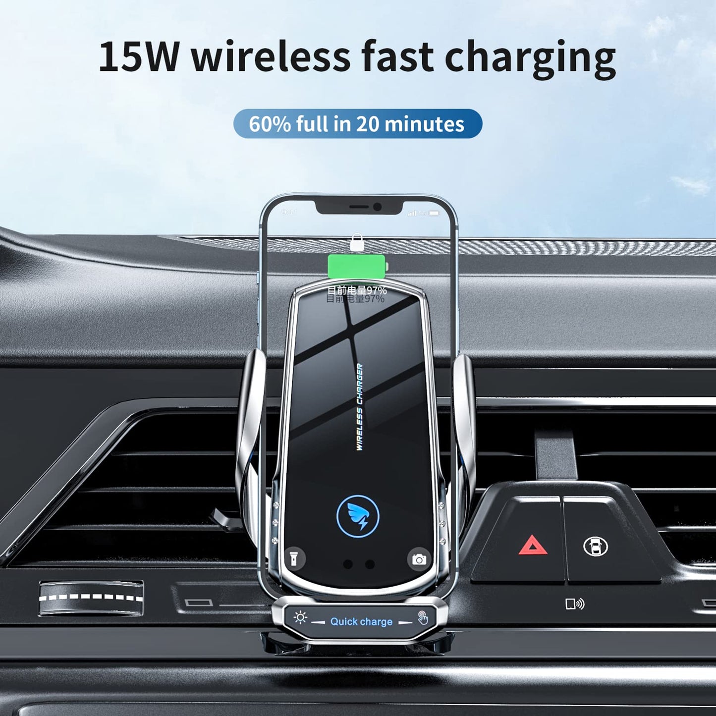 Wireless Car Charger Mount Automotive Electric Induction 15W Fast Charging Auto Clamping Car Phone Holder Mount Wireless Charging Mount Air Vent Phone
