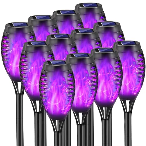 COCOMOX Halloween Decorations Outdoor, 12 Pack Purple Solar Lights Outdoor Waterproof 12 LED Mini Tiki Torch Lights with Flickering Flame for Outside