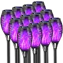 COCOMOX Halloween Decorations Outdoor, 12 Pack Purple Solar Lights Outdoor Waterproof 12 LED Mini Tiki Torch Lights with Flickering Flame for Outside