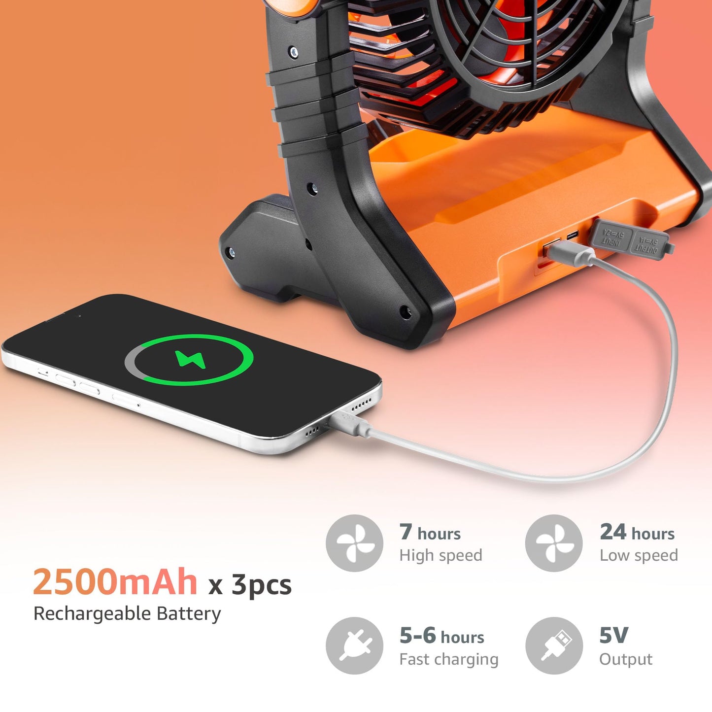LUDGER 7" 3-in-1 Rechargeable Fan (EL-705WF), Portable, LED, Long Battery life, Multi Charging Port, Compact Size, Carrying Handle, Quiet Cooling, 270