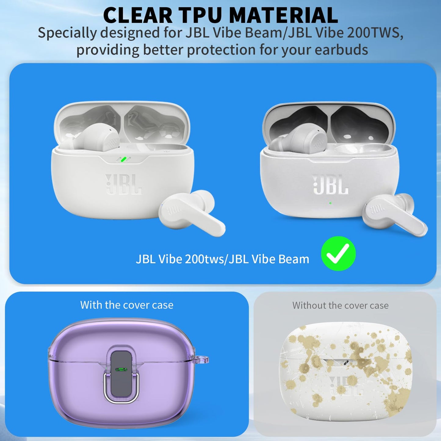 Transparent TPU Protective Cover with Carabiner for JBL Vibe Beam 2 Charging Case, Compatible with JBL Vibe 200TWS/JBL Vibe Beam/Beam 2 Lock Clip Case