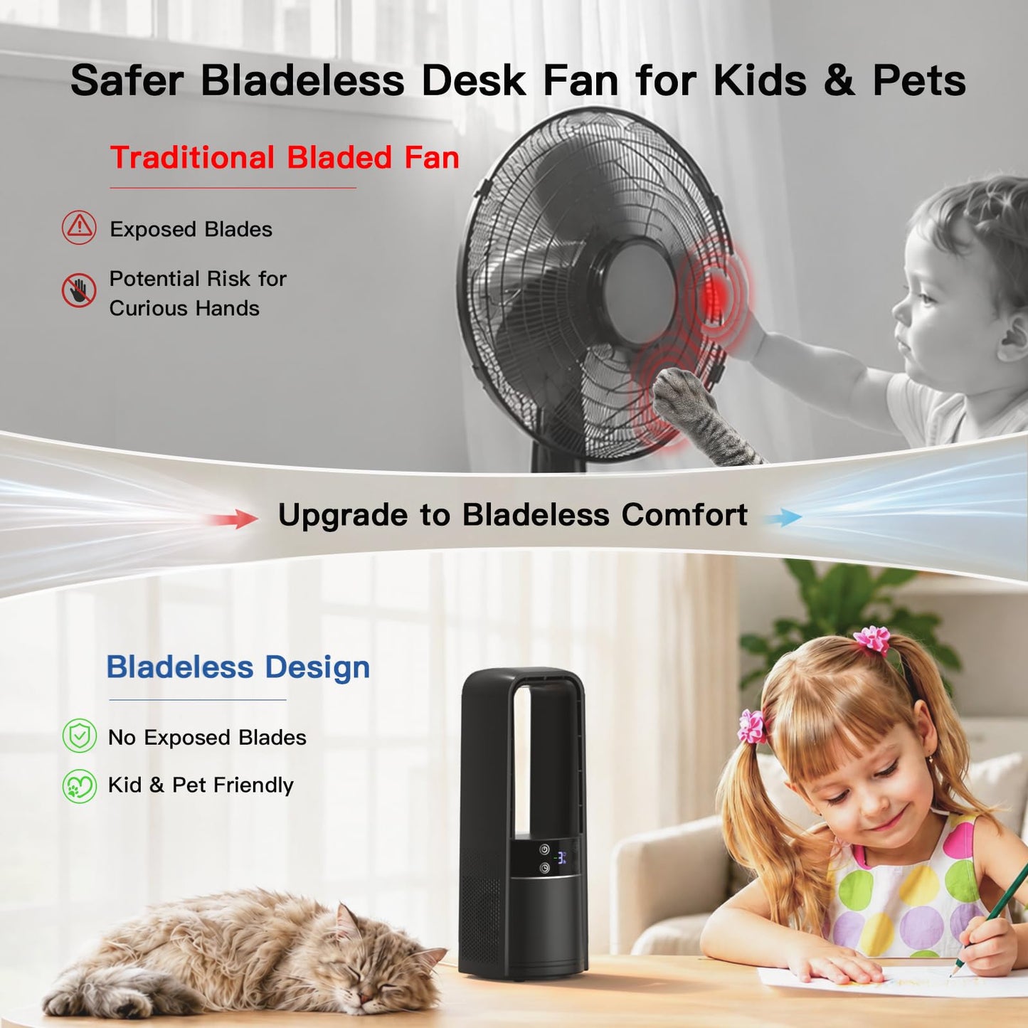 Desk Fan Bladeless, 13.4 Inch Office Fan Small Quiet, 4 Speed Touch Control Bedside Fan with 120° Oscillation, 3 Level Night Light, 9H Timer, Easy