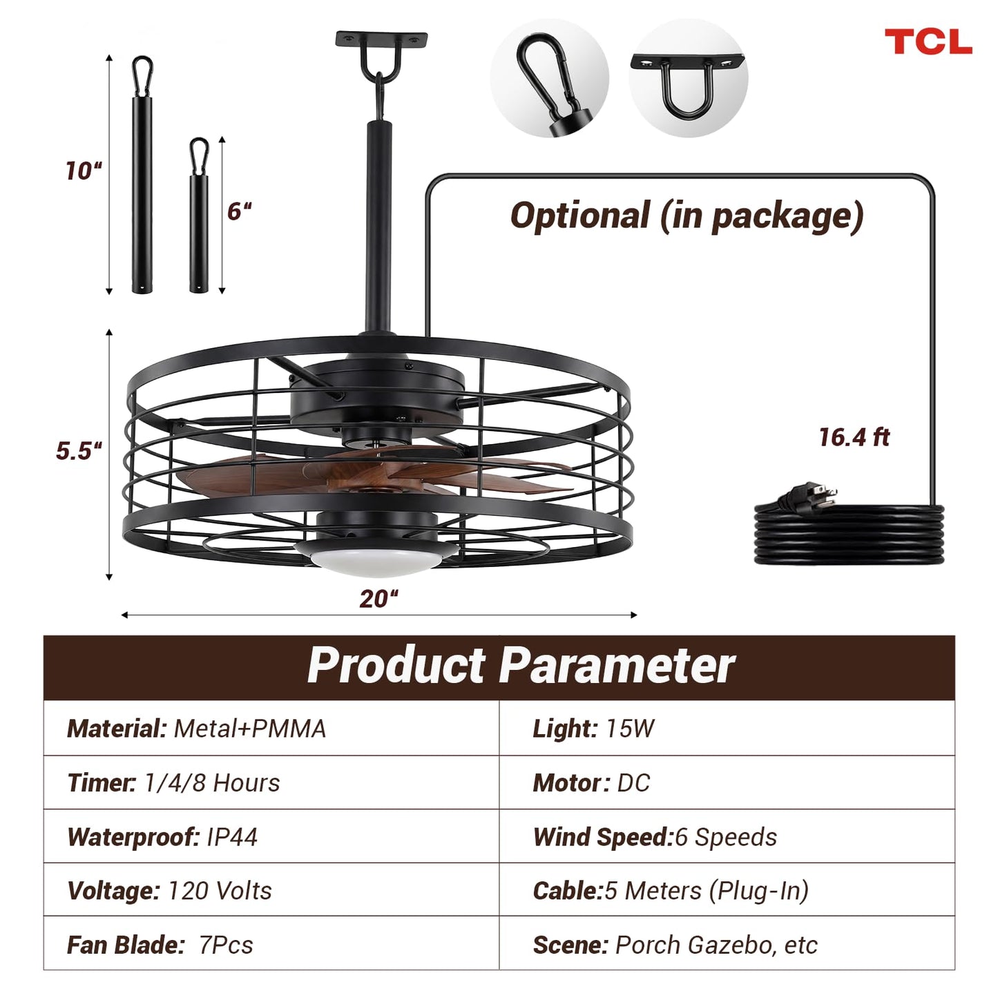 TCL 20" Waterproof Downrod Ceiling Fan with Light & Remote