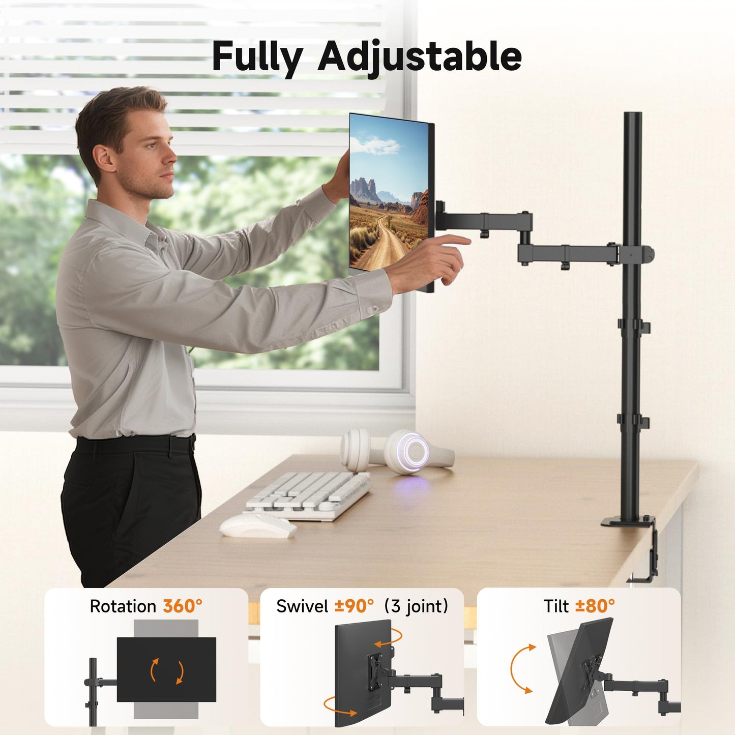 Bracwiser Single Fully Adjustable Standing Height Monitor Arm Stand Mount 800mm Tall for Monitor Computer Screen 13 15 17 19 20 22 23 24 26 27 30 32