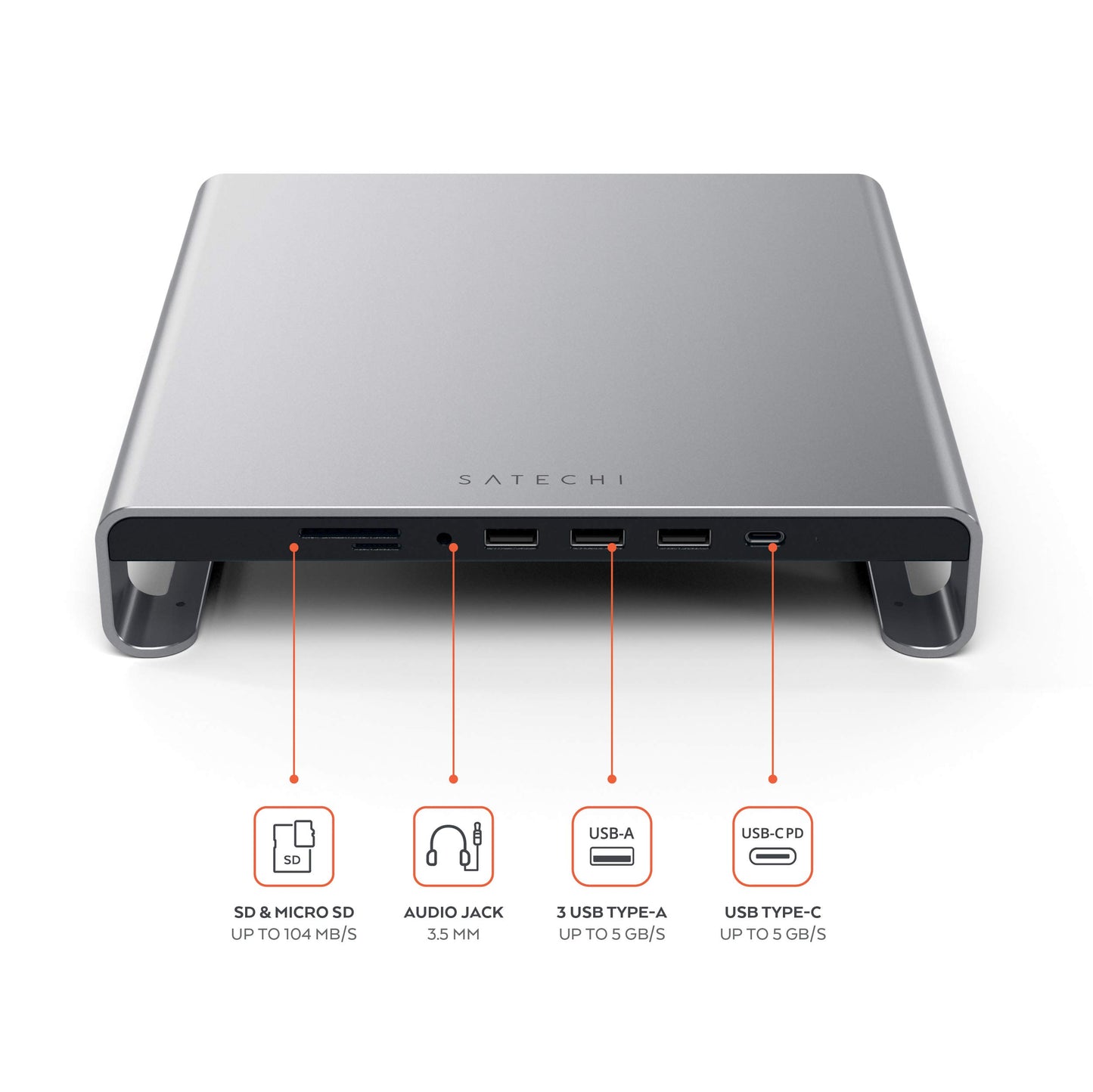 SATECHI Type-C Aluminum Monitor Stand Hub with USB-C Data, USB 3.0, Micro/SD Card Slots & 3.5mm Headphone Jack - for Apple Studio Display, iMac, iMac
