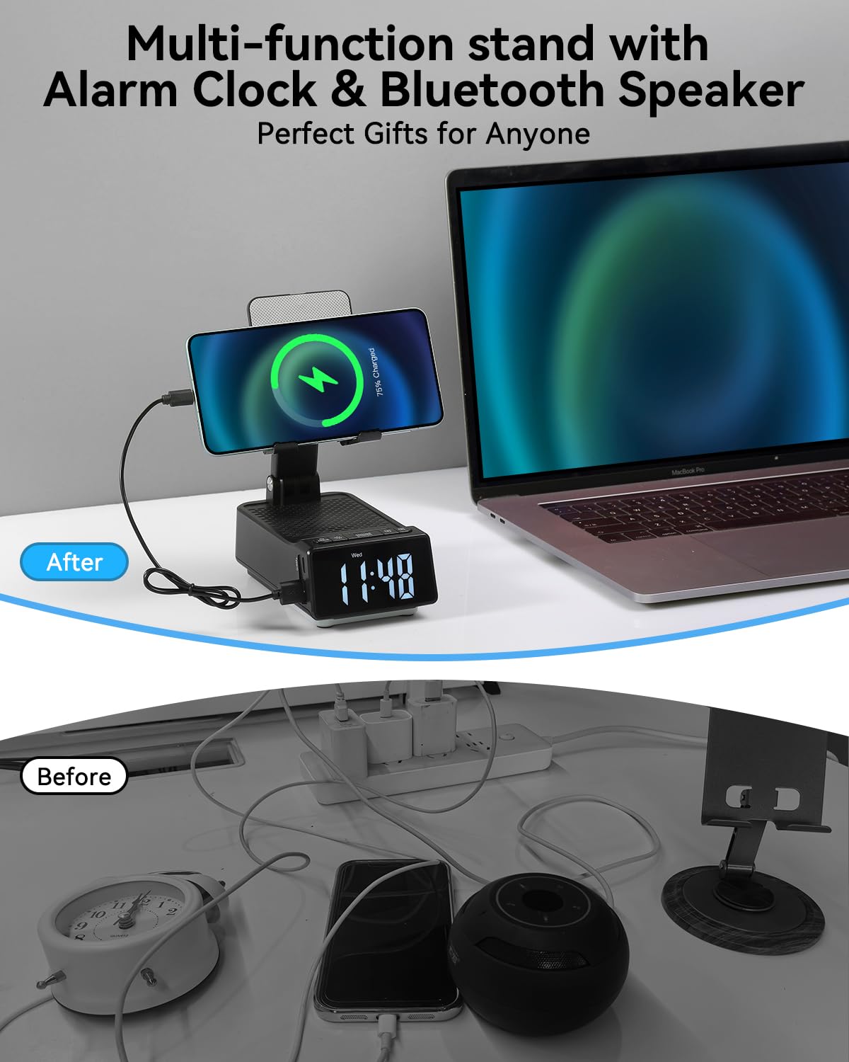 Father's Day Gifts for Dad, Birthday Gifts for Men, 7 in 1 Phone Stand Bluetooth Speaker with Alarm Clock, Wireless Charger, Light, USB Playback