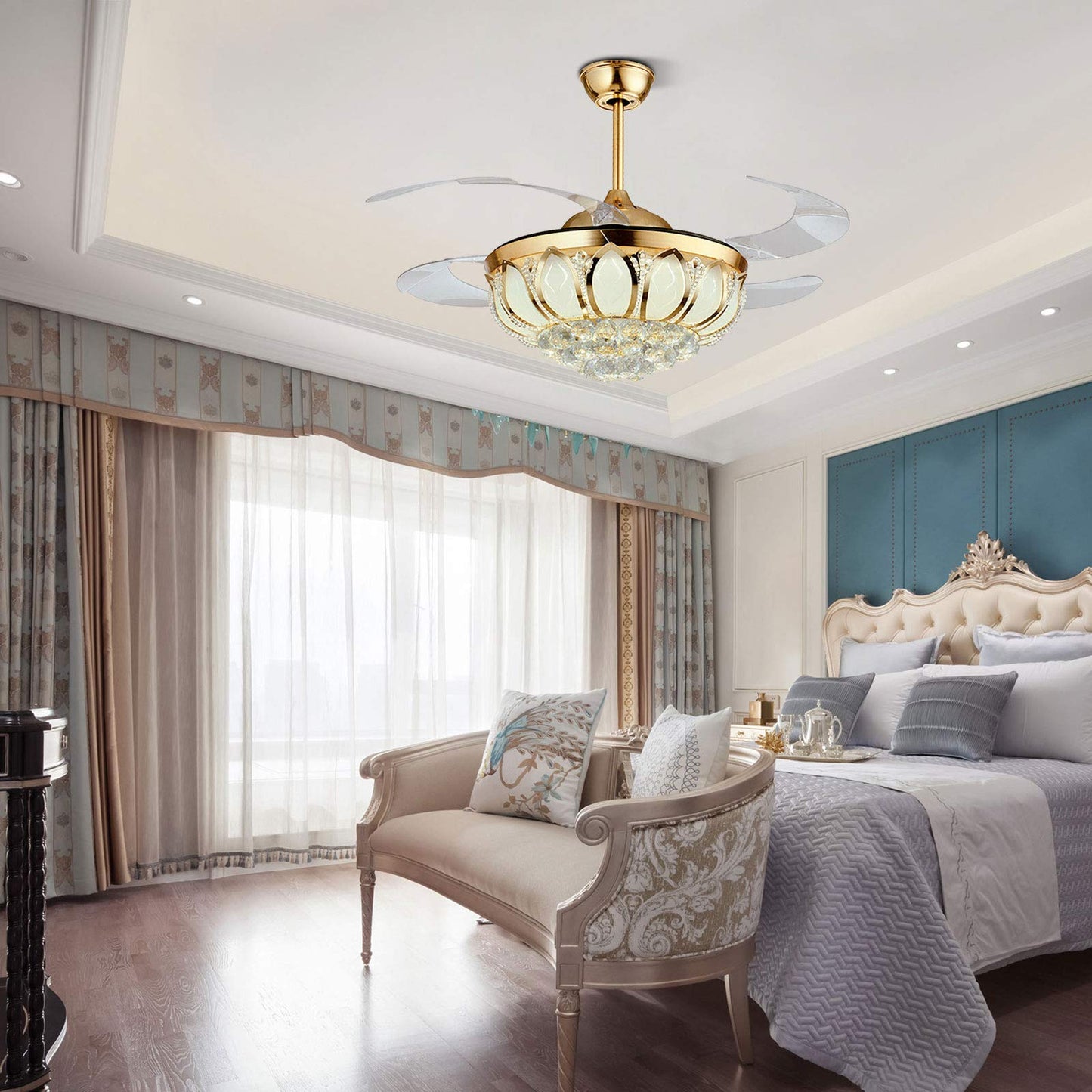 N/B 42 Inch Modern Gold Crystal Chandelier Fan with Retractable Blades Ceiling Fan with Light LED and Remote Control Indoor Fan Suitable for Dining