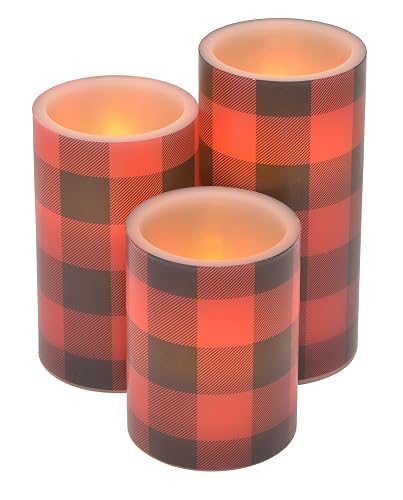 Mark Feldstein & Associates Buffalo Plaid Winter Holiday LED Flameless Pillar Candles, Set of 3, Red and Black, 6 Inch