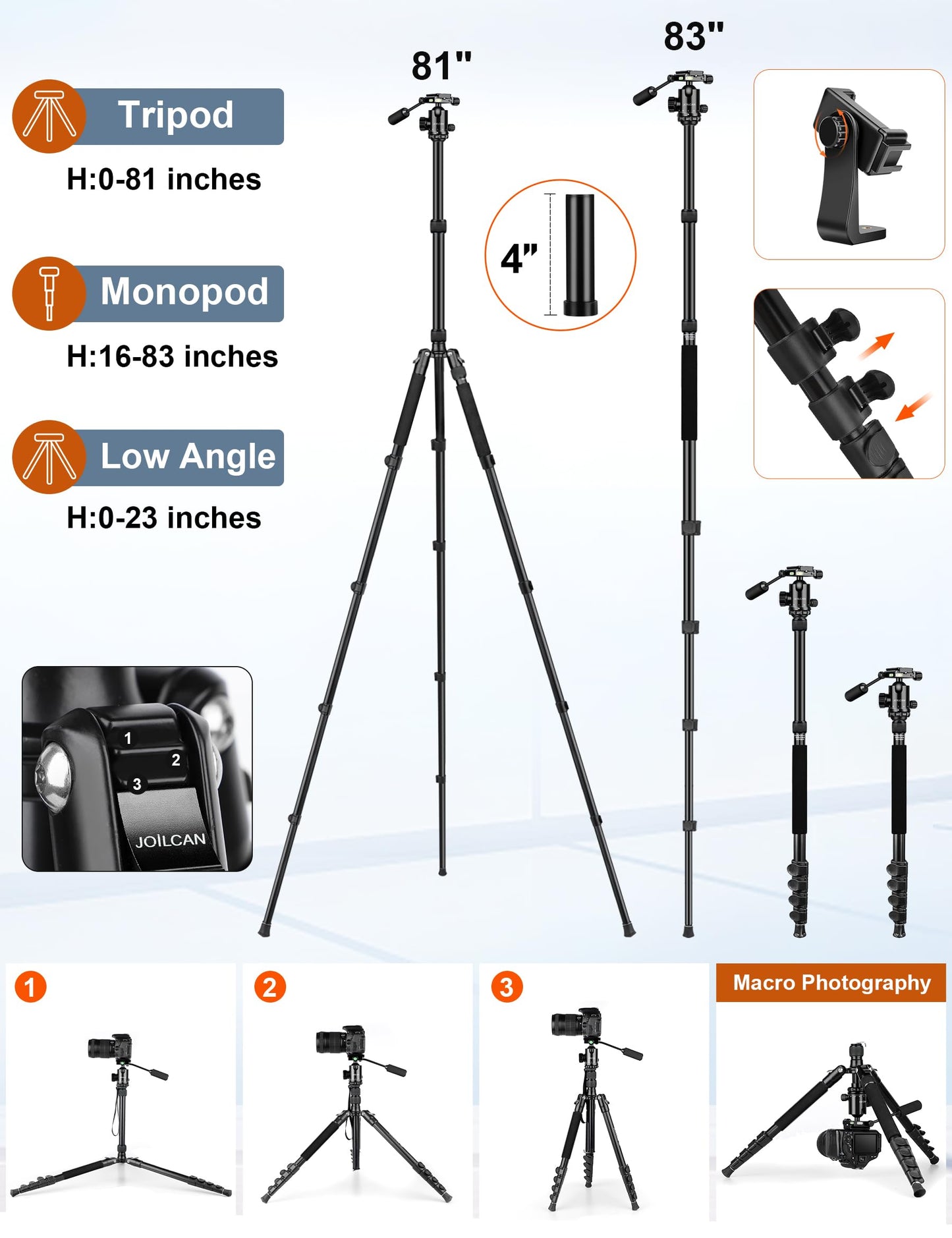 JOILCAN Camera Tripod, 83" Aluminum Tripods & Monopods with Metal Handle, Heavy Duty Tripod for DSLR Camera Lasers Binoculars Telescope Spotting