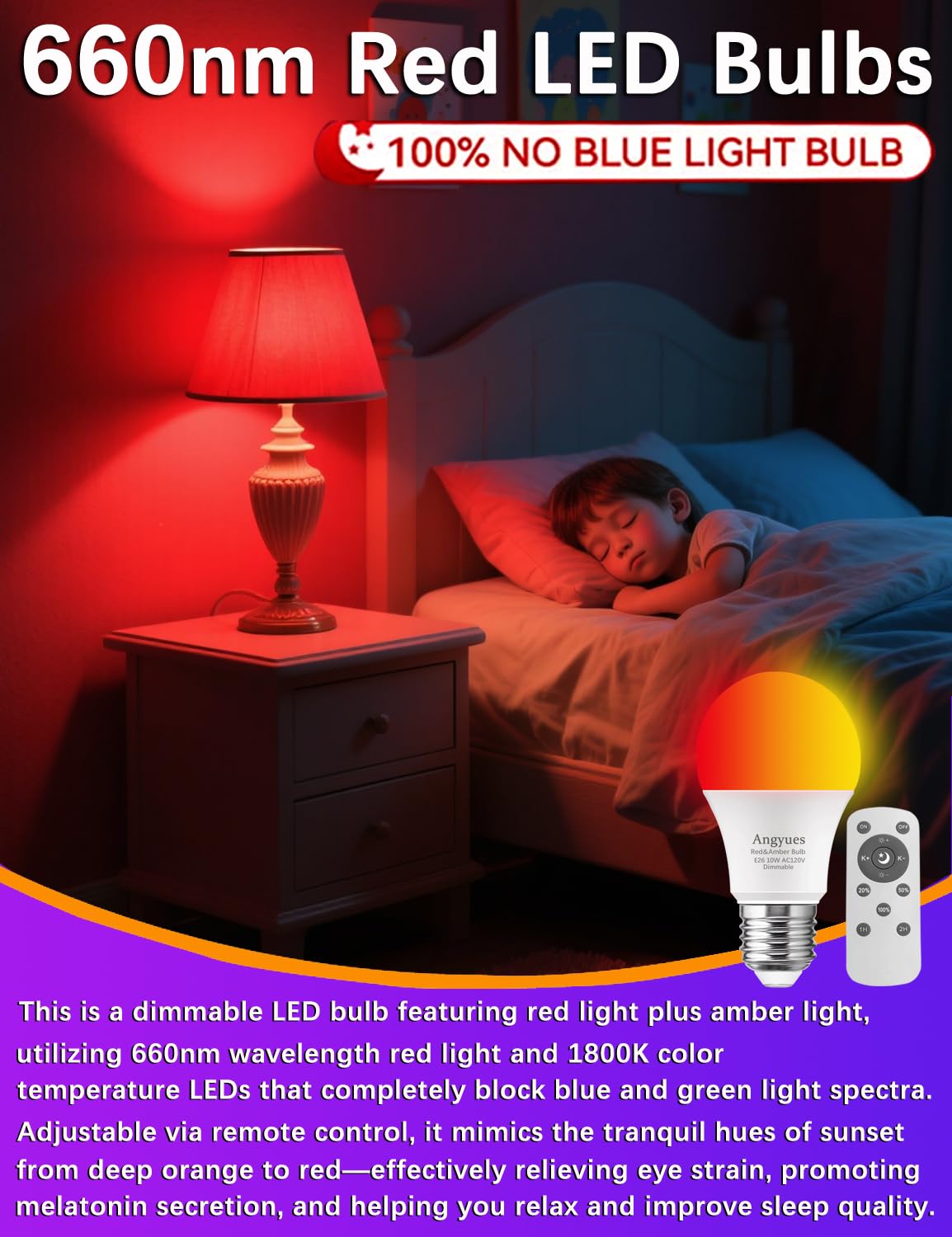 Angyues Red and Amber Sleep Bulb with Remote Control Choose 660nm Red Light or 1800K Amberlight,Timer Function, 10W Blue Light Blocking A19 Bulb, E26