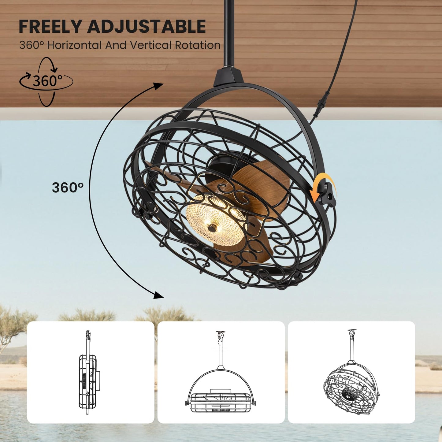 CROSSIO 23'' Outdoor Ceiling Fans with Lights, Gazebo Fan Wet Rated Remote&APP Control, Dimmable Hanging Fan with Plug in Cord for Patio Pergola