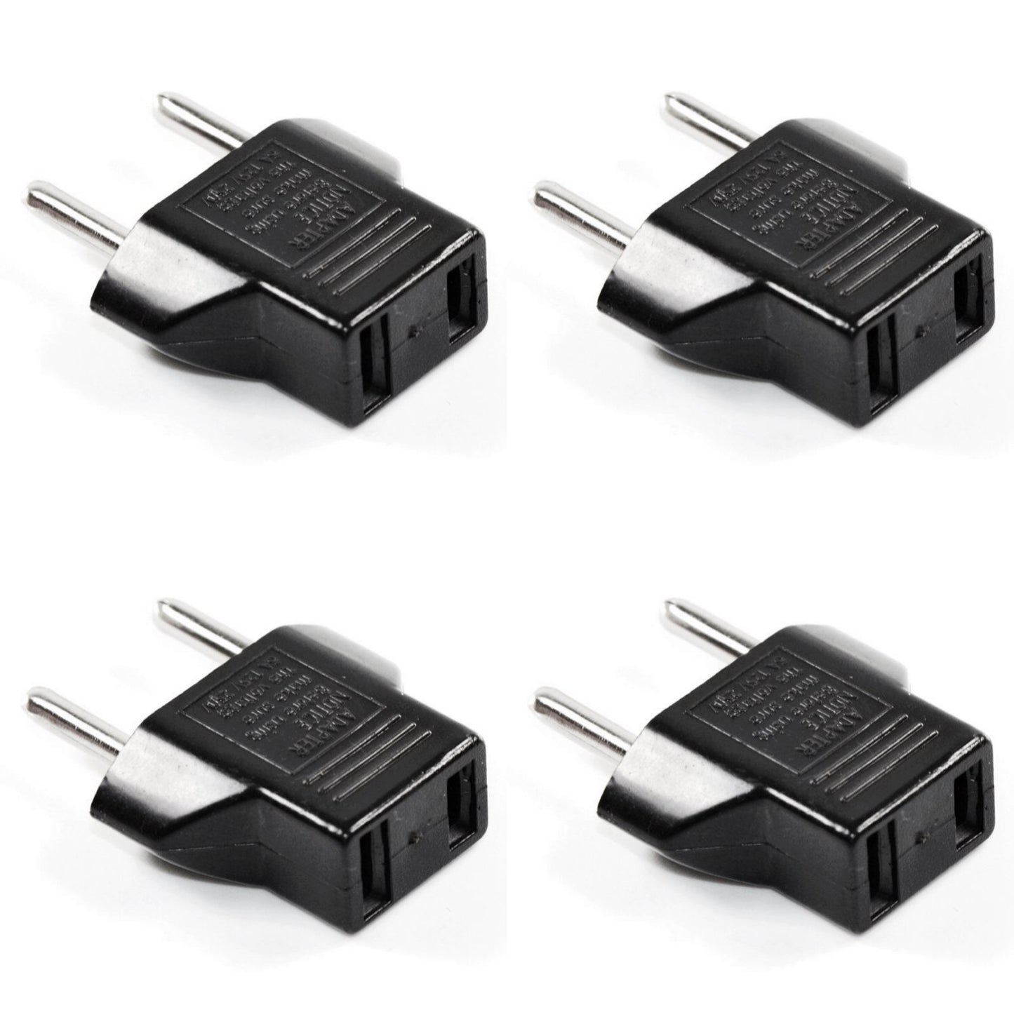 Black US to Europe Round Pin Travel AC Power Plug Adapter (4 Pack), 2-Flat to 2-Round Pins