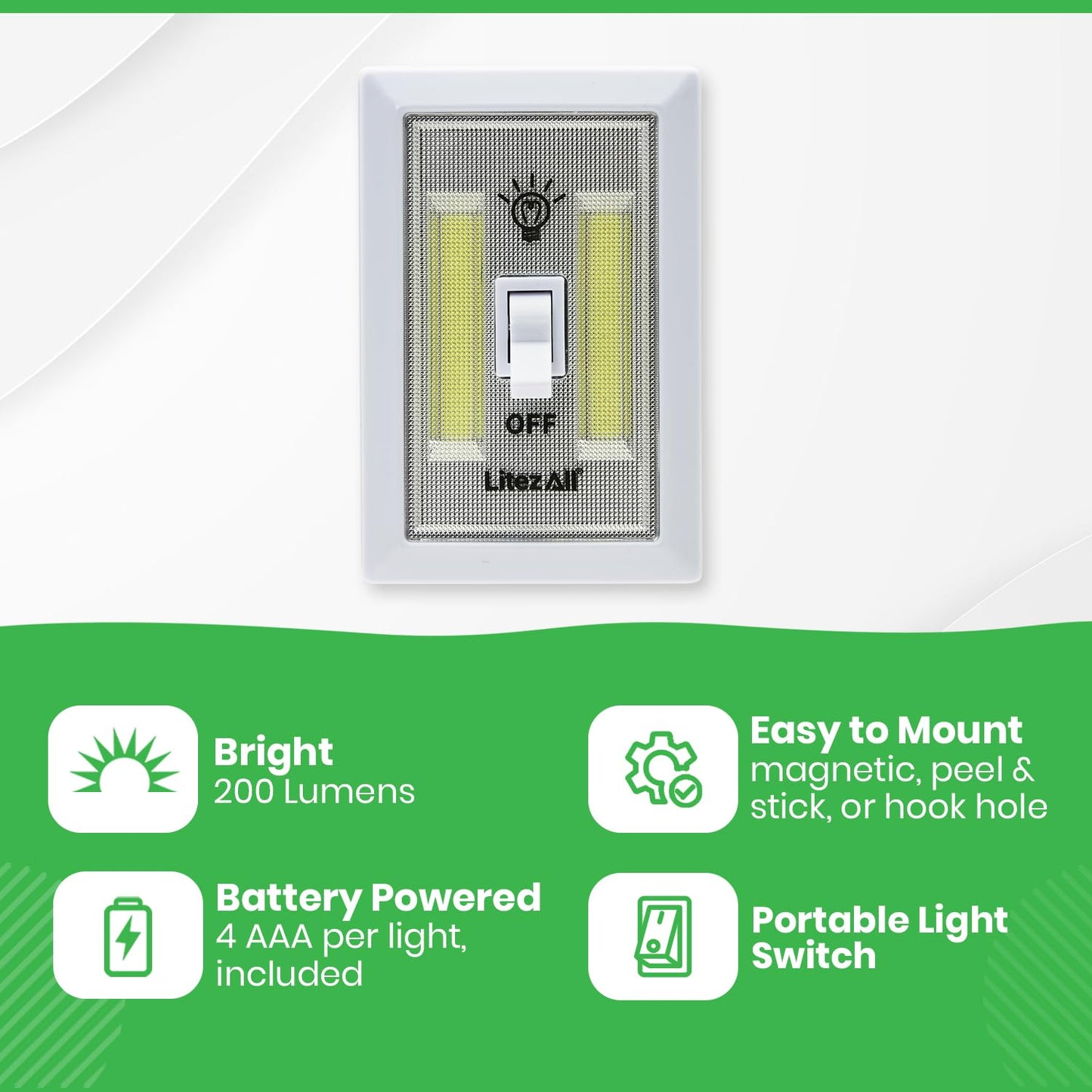 LitezAll COB LED Light Switch Night Light, 12-Pack 200 Lumen Wireless Battery Operated Wall Lights, Stick-On Switch Lights for Closets, Cabinets