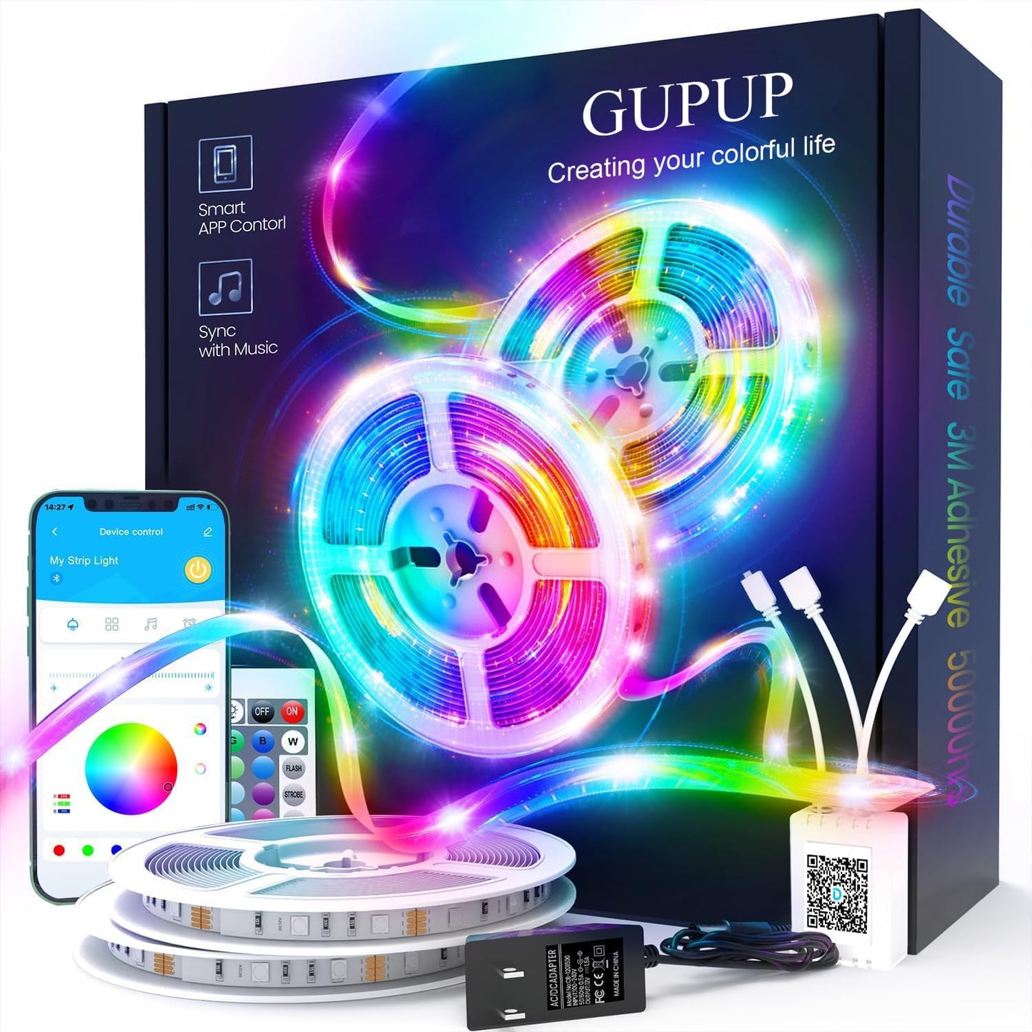 GUPUP LED Lights Strip 100 FT, LED Lights for Bedroom 100ft, RGB Rope Light for Room, Bluetooth APP Control,Color Changing Strip, Sync with Music,para
