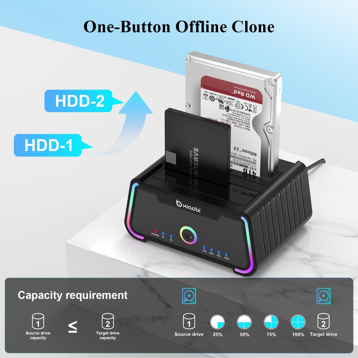 Xiaobi Hard Drive Docking Station , USB C Dual Bay Dock for 2.5/3.5" SATA HDD SSD, Hard Drive Reader Up to 5Gbps, Support UASP Offline Clone Function