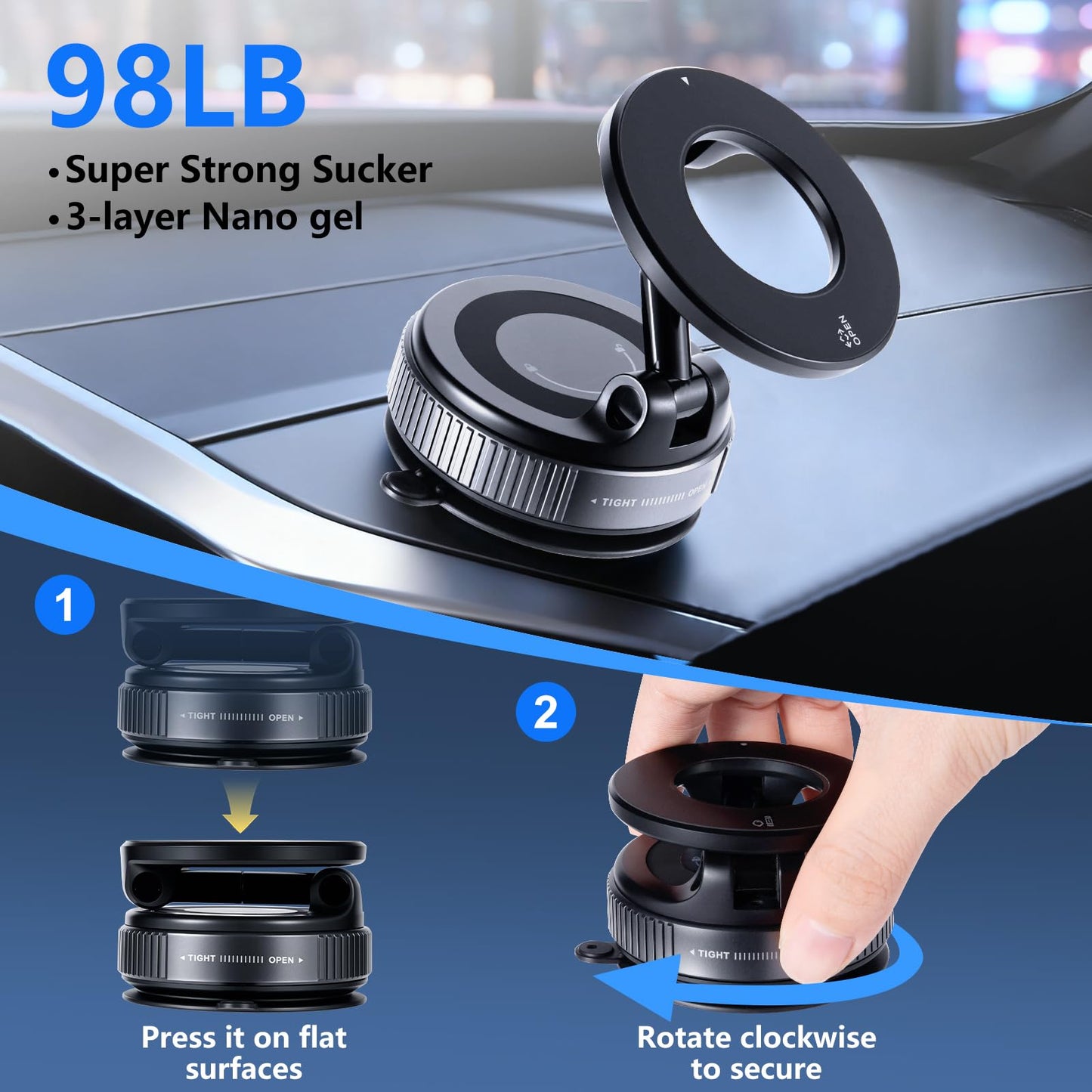 Yamhoy Vacuum Magnetic Suction Car Phone Holder Fold-able and and Hands-Free 360° Adjustable Rotation Phone Mount, Compatible with All Smartphones