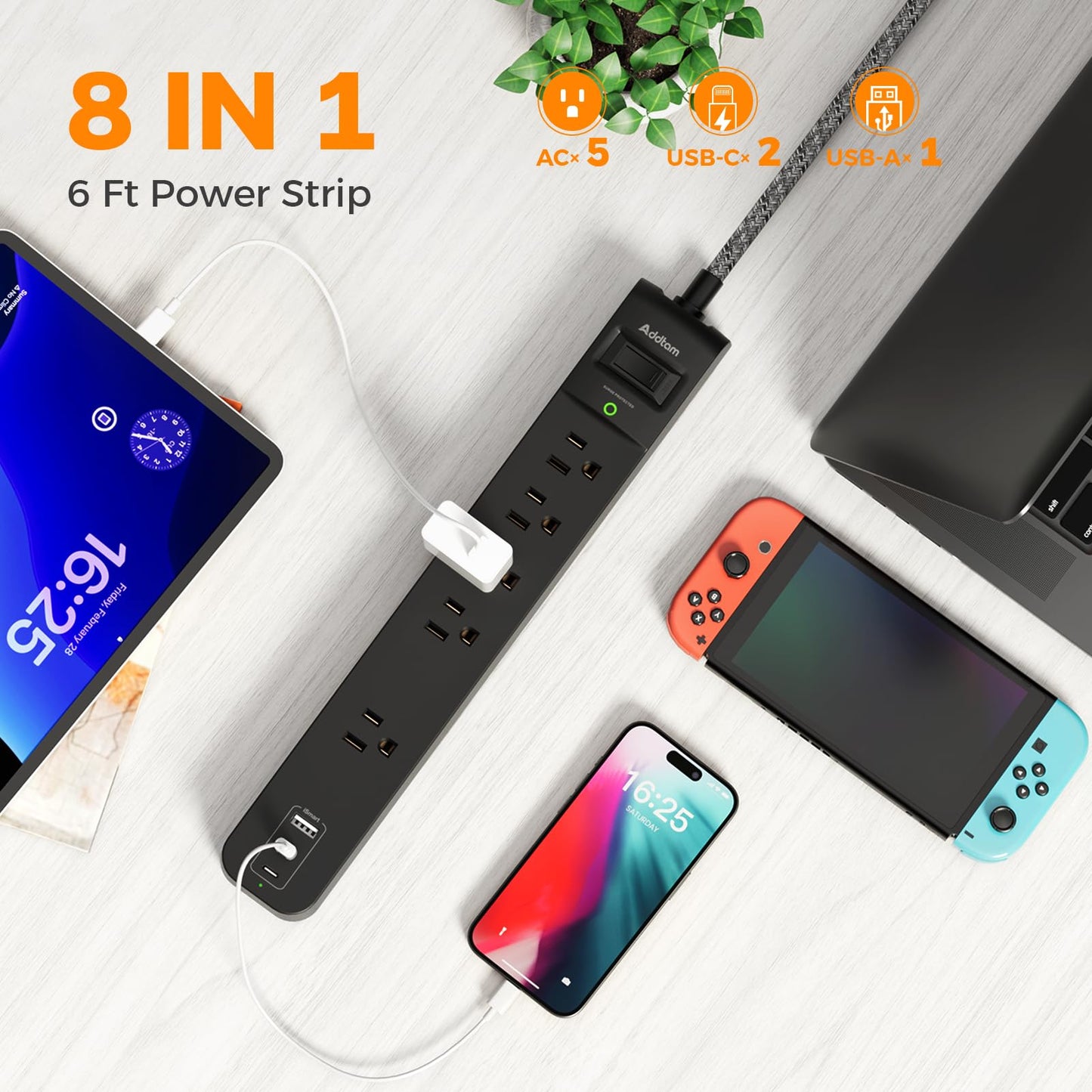 2 Pack Power Strip Surge Protector - 5 Widely Spaced Outlets 3 USB Charging Ports, 1875W/15A 6Ft Braided Extension Cord, Flat Plug Overload