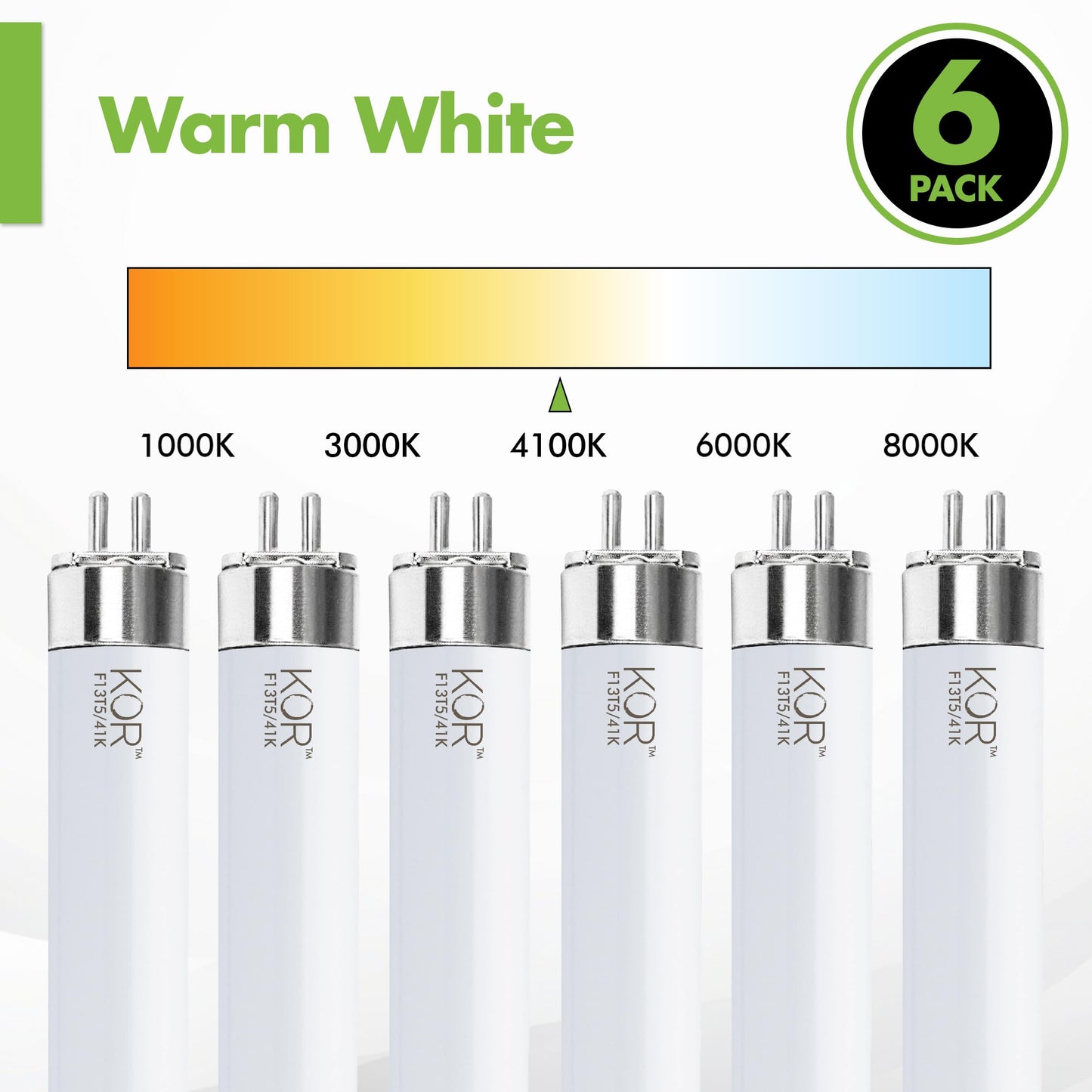 KOR F13T5/CW T5 Fluorescent Tubes, 13W, 4100K Cool White, 6-Pack