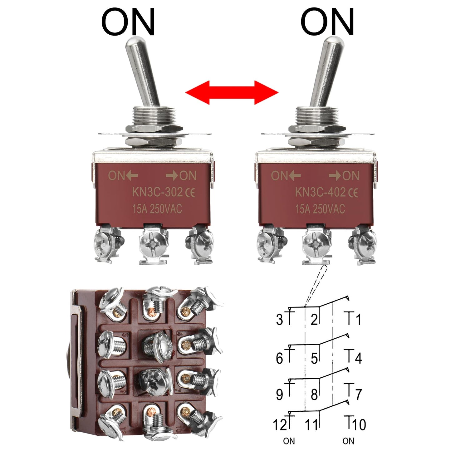 Heschen Metal Toggle Switch, KN3C-402, 4PDT, maintained, ON/ON 2 Position, 15A 250VAC, 10A 380VAC, CE