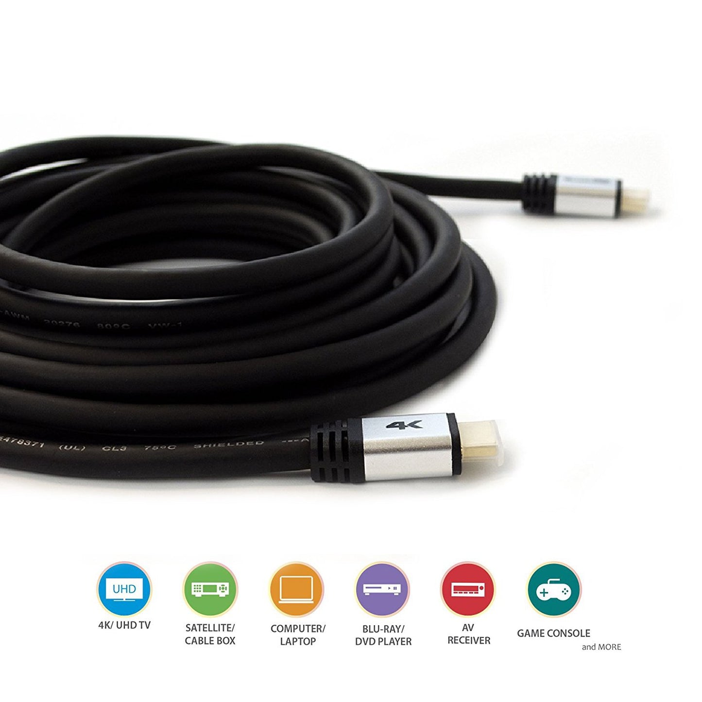 QualGear High Speed Long HDMI 2.0 Cable with Ethernet (50 Feet) - 100% OFC Copper, 24 Awg, 24K Gold Plated Contacts, CL3 Rated, Triple-Shielded.