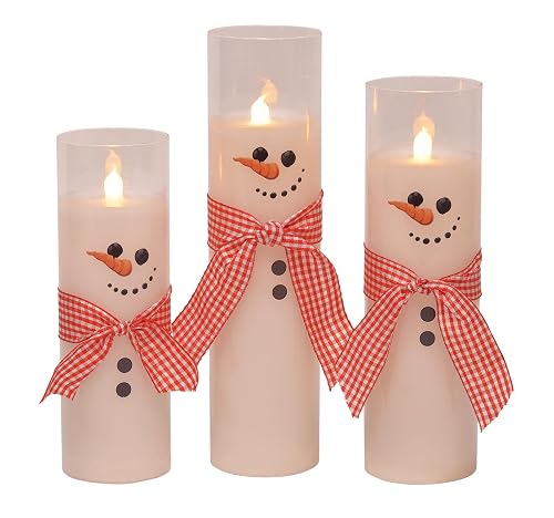 Mark Feldstein & Associates Pre Lit LED Flameless Skinny Winter White Snowmen Wax Filled Glass Pillar Candles, Set of 3, 9 Inch