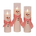 Mark Feldstein & Associates Pre Lit LED Flameless Skinny Winter White Snowmen Wax Filled Glass Pillar Candles, Set of 3, 9 Inch