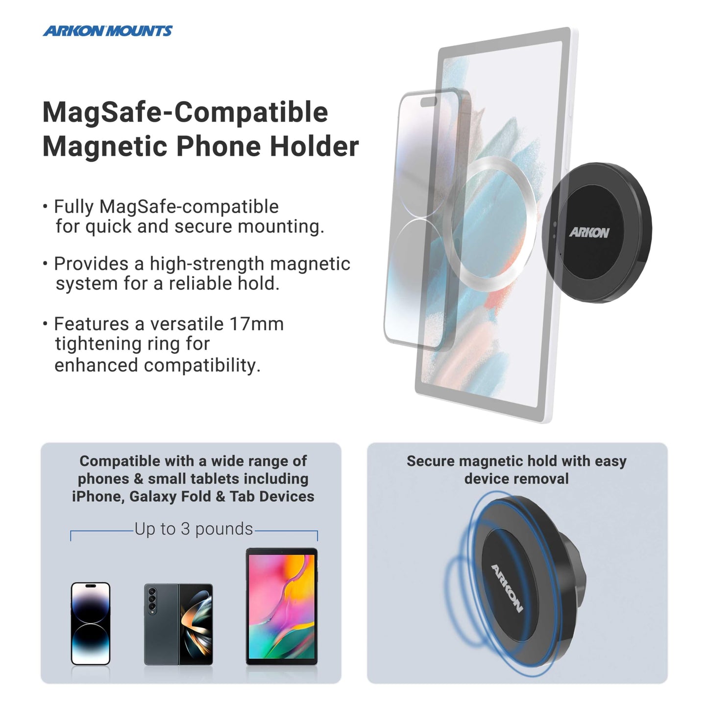 ARKON Mounts Magnetic Phone Mount with Suction Mount, Strong Neodymium Magnets, Suction Mount for Windshields and Dashes, 360° Swivel for Easy