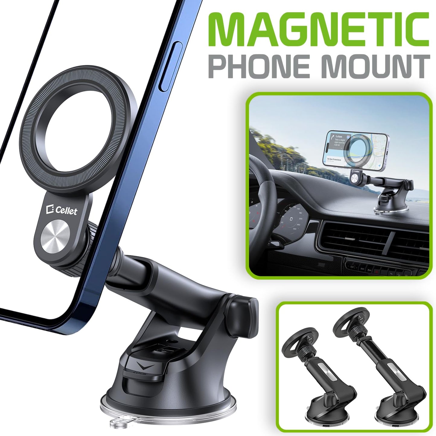 Cellet Magnetic Car Phone Mount with Strong N52 Magnets - 360° Rotation, Telescopic Arm, Reusable Suction Cup - Dashboard & Windshield Holder