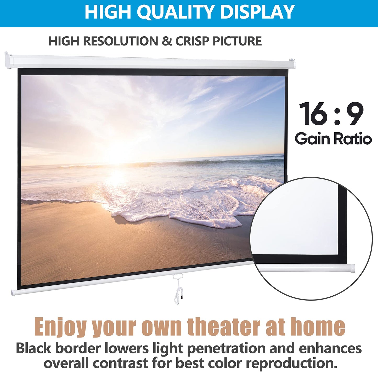 Epetlover 100 Inch 16:9 HD Projection Screen Manual Pull Down Indoor Outdoor Movie Screen, Wrinkle-Free Portable Projector Screen for Home Cinema
