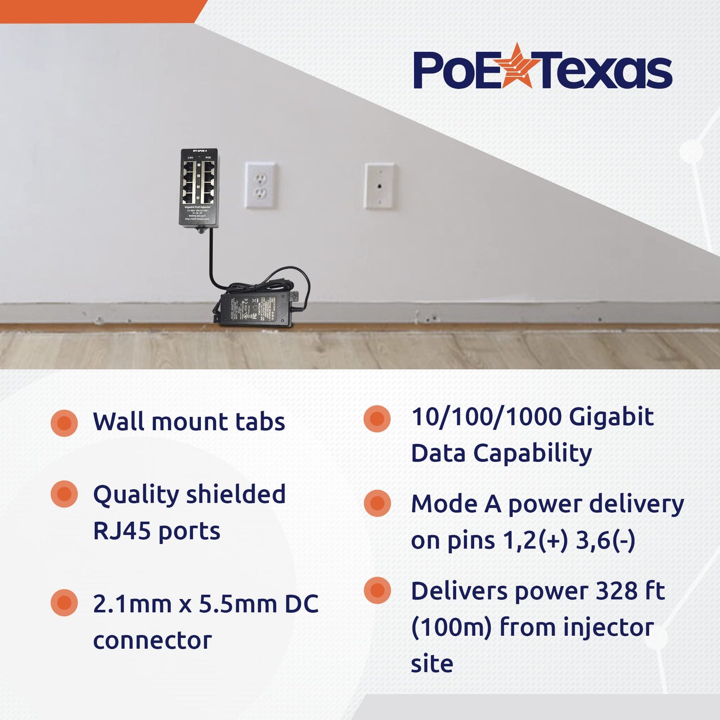 PoE Texas 4 Port PoE Injector - Gigabit Passive Power Over Ethernet with 48V 48W UL Power Supply - 802.3af PoE Injector for VoiP Phones, WiFi Access